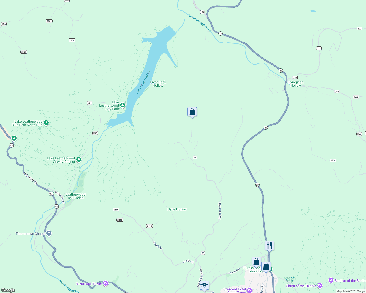 map of restaurants, bars, coffee shops, grocery stores, and more near 400 Vista View Road in Eureka Springs