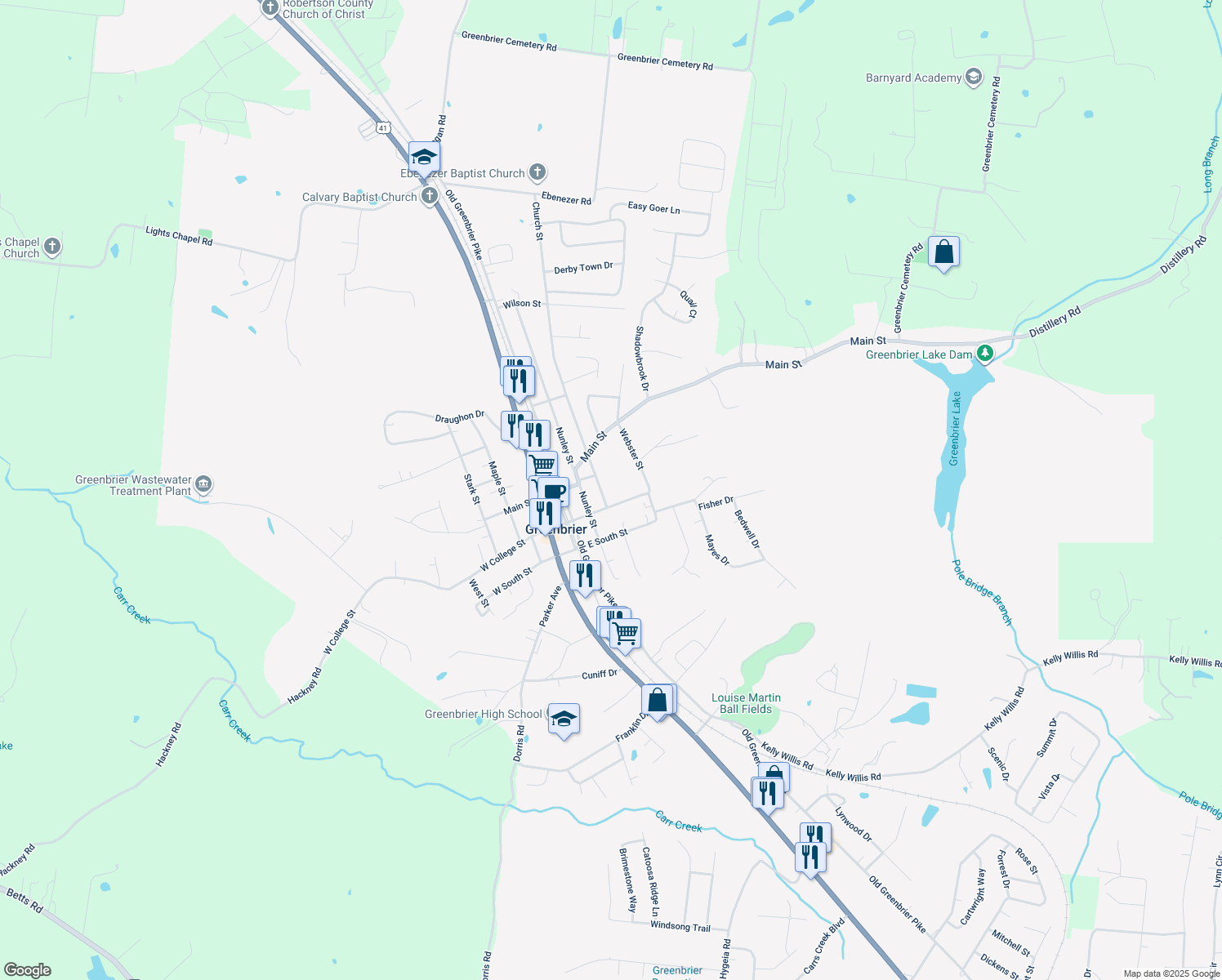 map of restaurants, bars, coffee shops, grocery stores, and more near 1003 Church St in Greenbrier