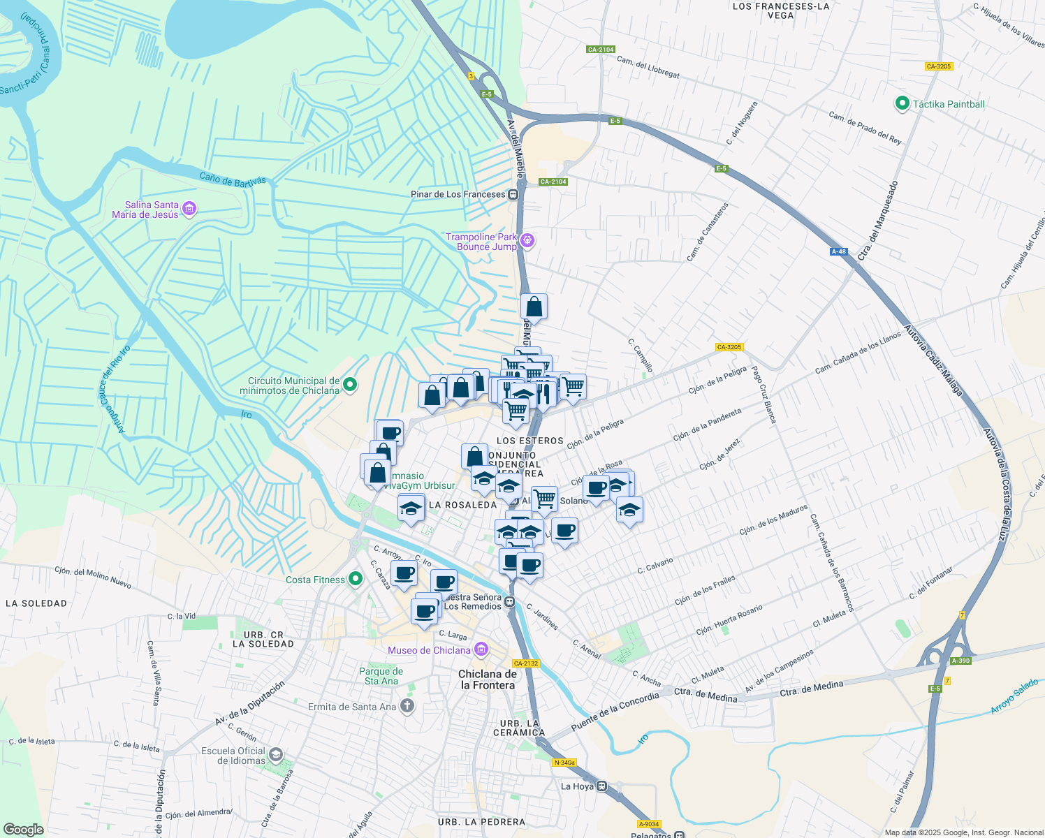 map of restaurants, bars, coffee shops, grocery stores, and more near 1 Avenida de los Descubrimientos in Chiclana de la Frontera