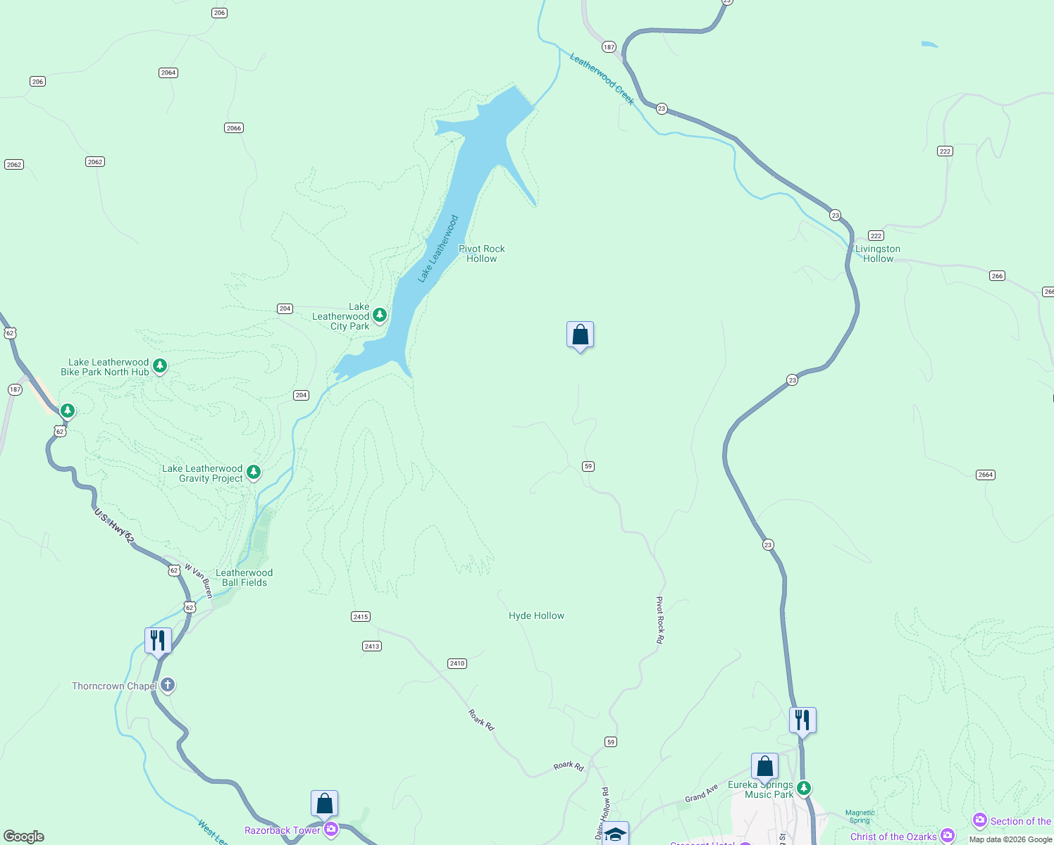 map of restaurants, bars, coffee shops, grocery stores, and more near 400-406 Vista View Road in Eureka Springs