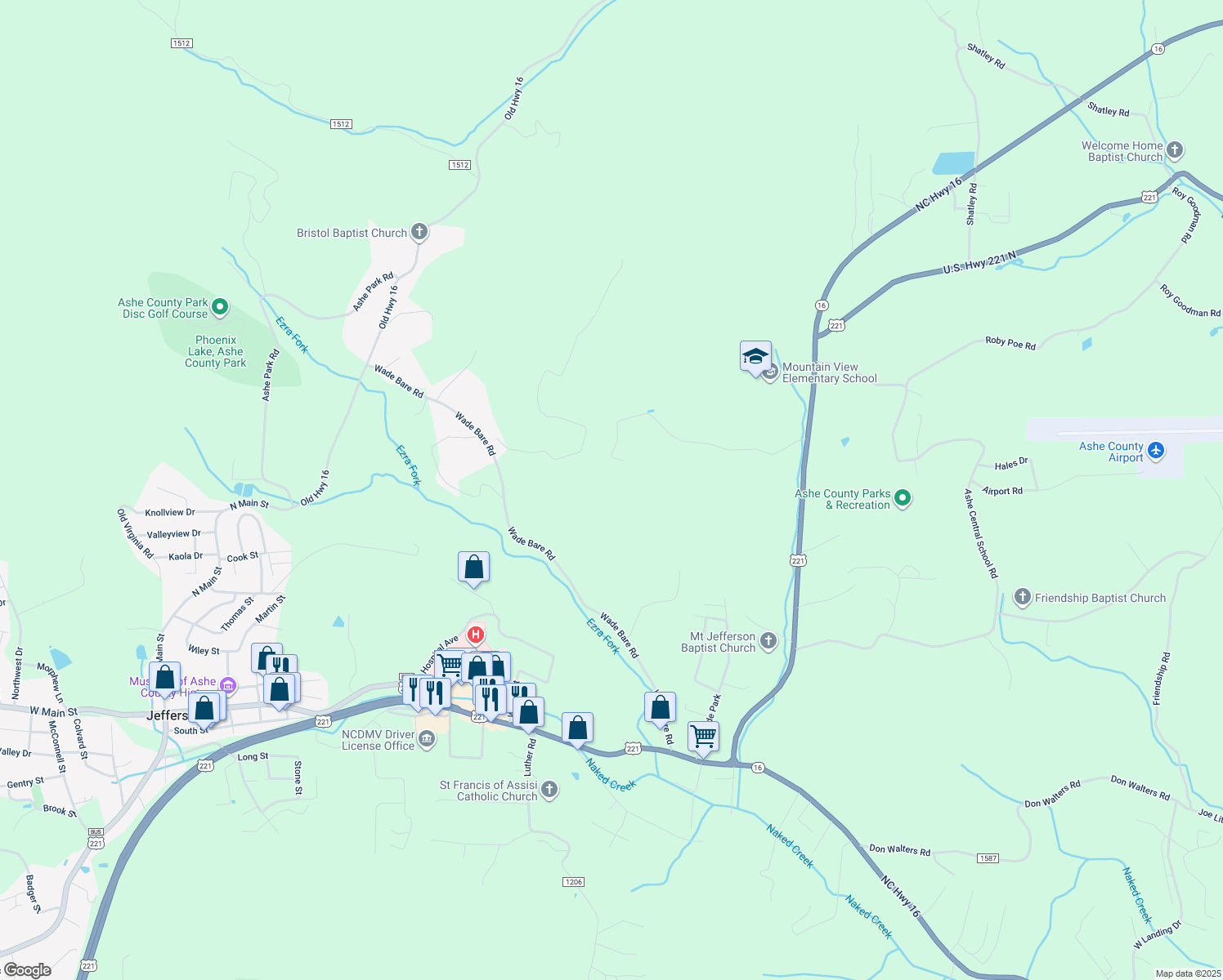 map of restaurants, bars, coffee shops, grocery stores, and more near 714 Wade Bare Road in Jefferson