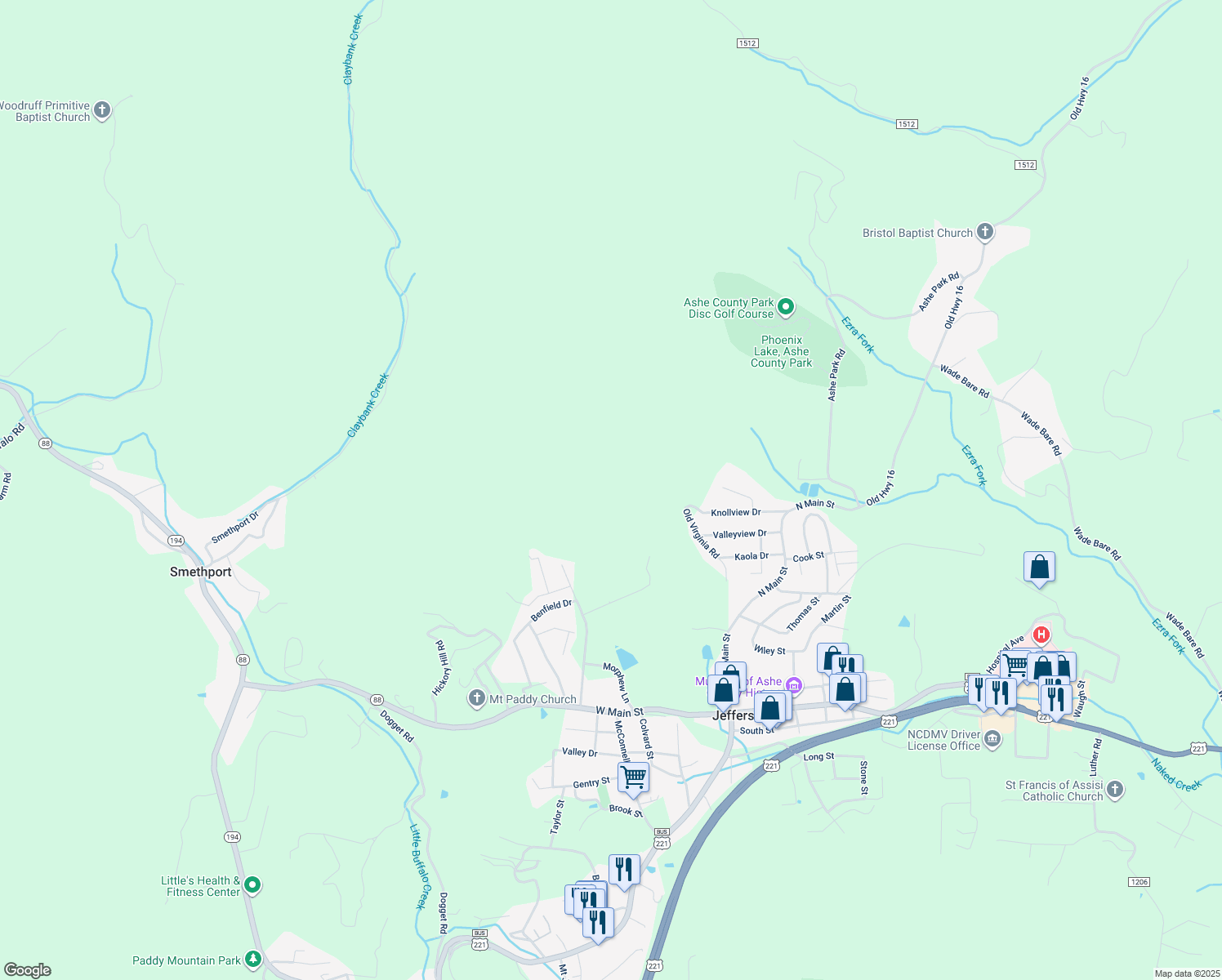 map of restaurants, bars, coffee shops, grocery stores, and more near 309 Old Virginia Road in Jefferson