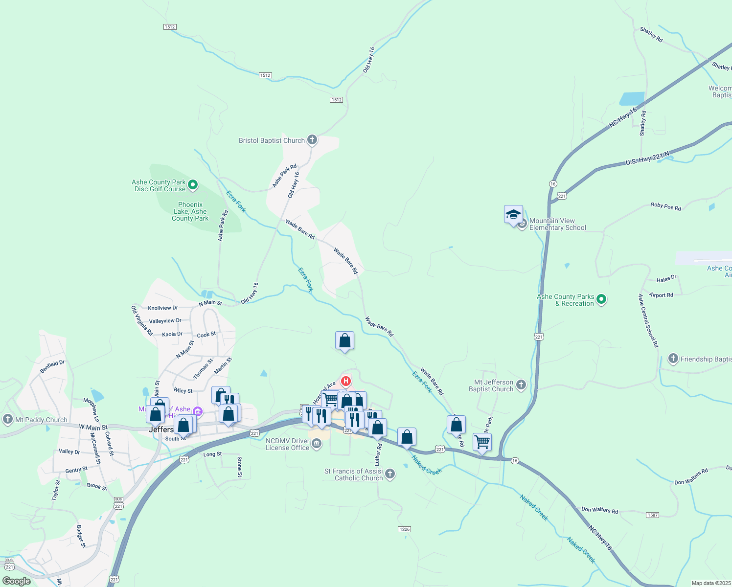 map of restaurants, bars, coffee shops, grocery stores, and more near 1122 Wade Bare Road in Jefferson