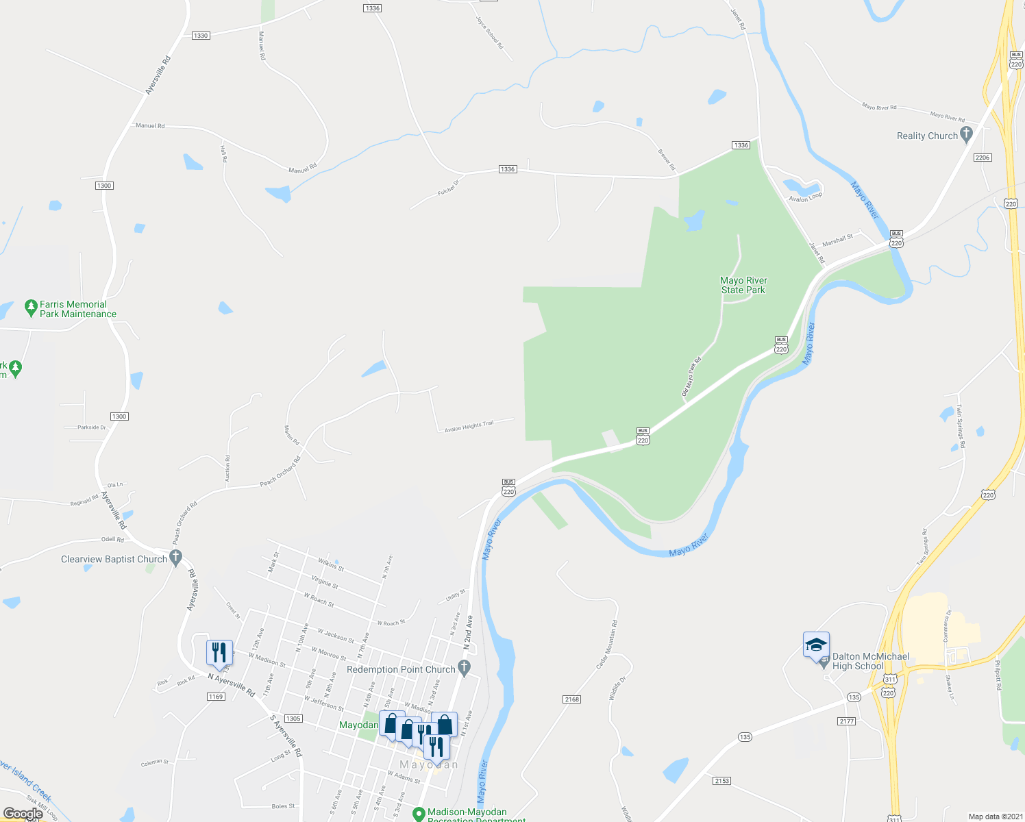 map of restaurants, bars, coffee shops, grocery stores, and more near 319 Avalon Heights Trail in Mayodan