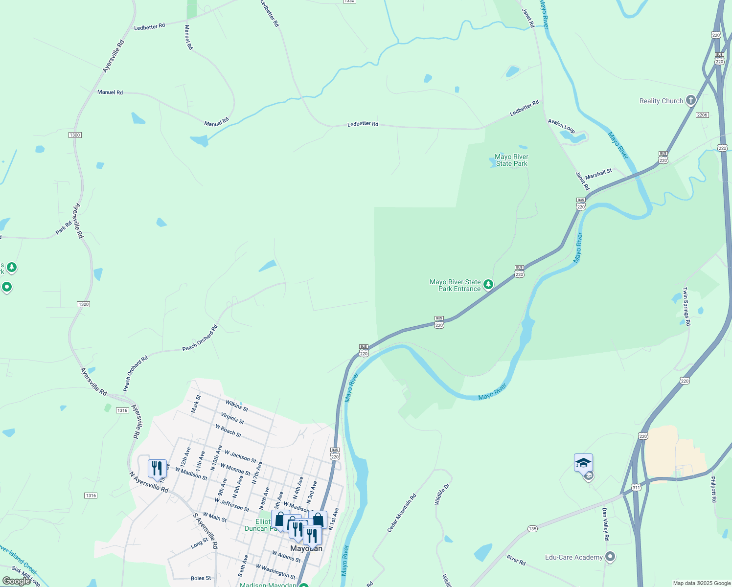 map of restaurants, bars, coffee shops, grocery stores, and more near 319 Avalon Heights Trail in Mayodan