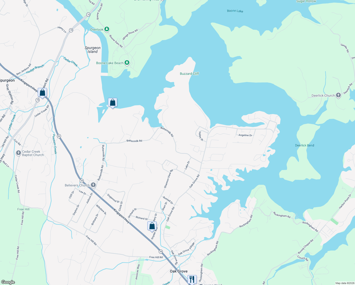 map of restaurants, bars, coffee shops, grocery stores, and more near 377 Buttermilk Road in Gray