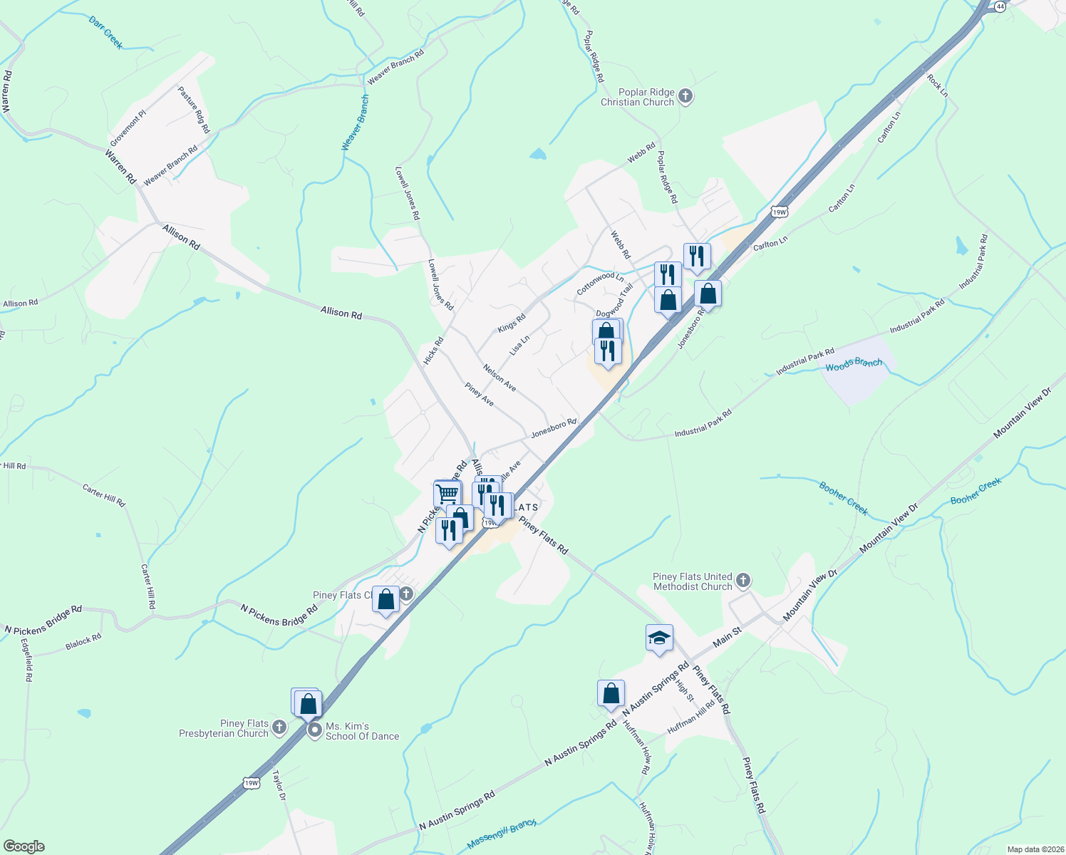 map of restaurants, bars, coffee shops, grocery stores, and more near 464 Jonesboro Rd in Piney Flats