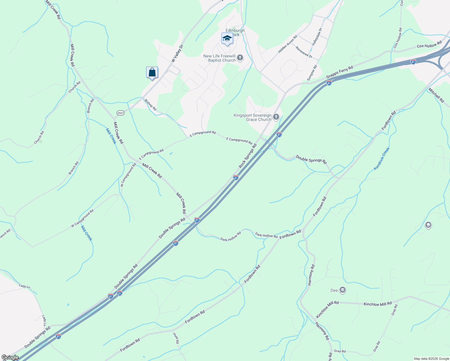 map of restaurants, bars, coffee shops, grocery stores, and more near 2970 Rock Springs Road in Kingsport