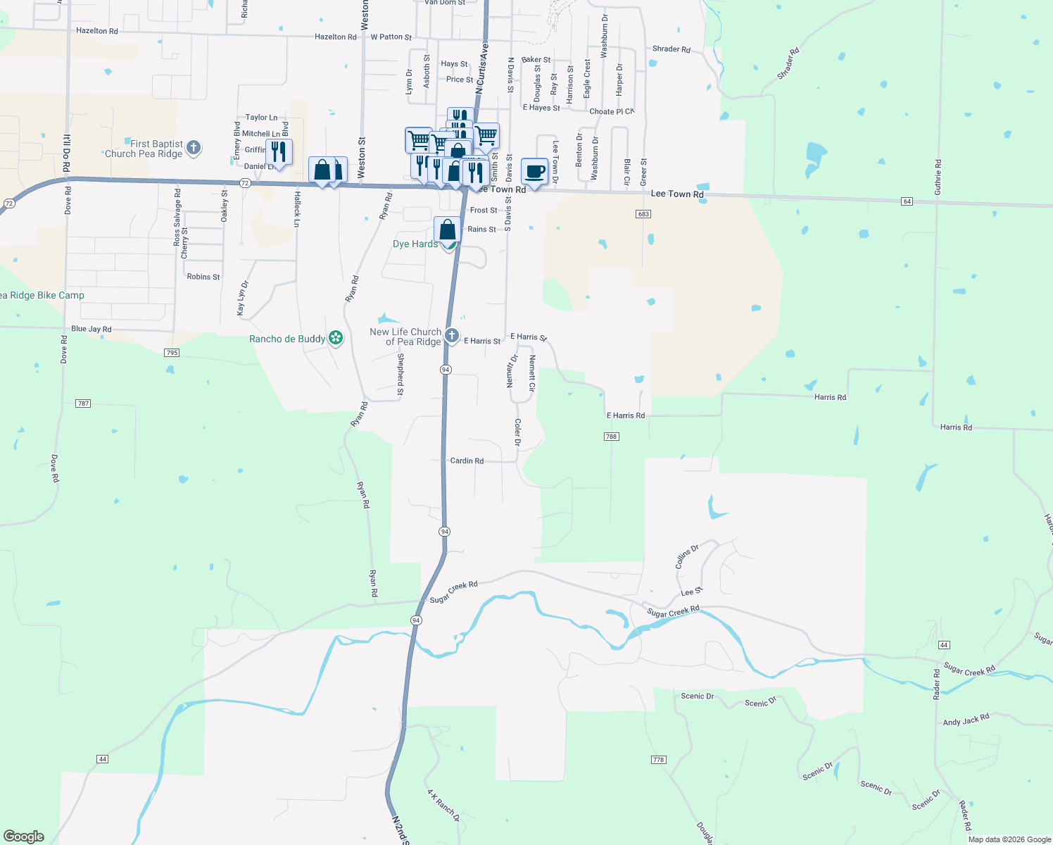 map of restaurants, bars, coffee shops, grocery stores, and more near 1302 Coler Drive in Pea Ridge