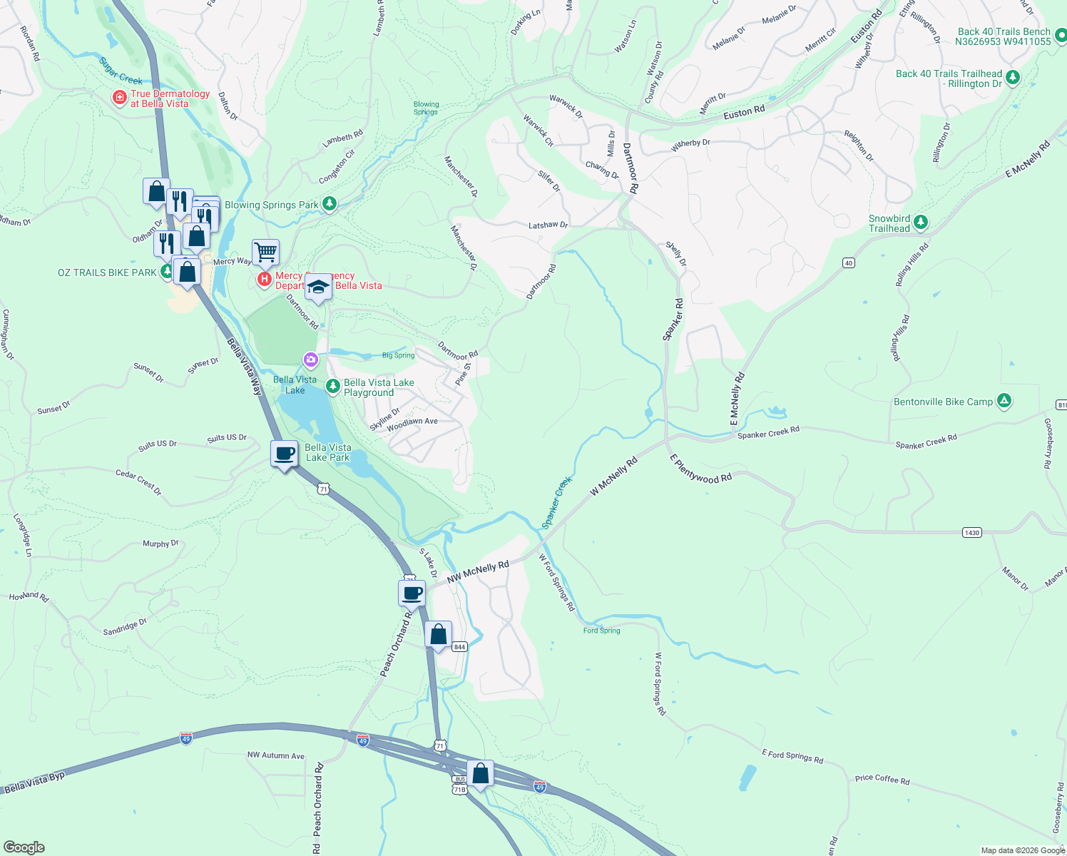 map of restaurants, bars, coffee shops, grocery stores, and more near 13638 Spring Road in Bentonville