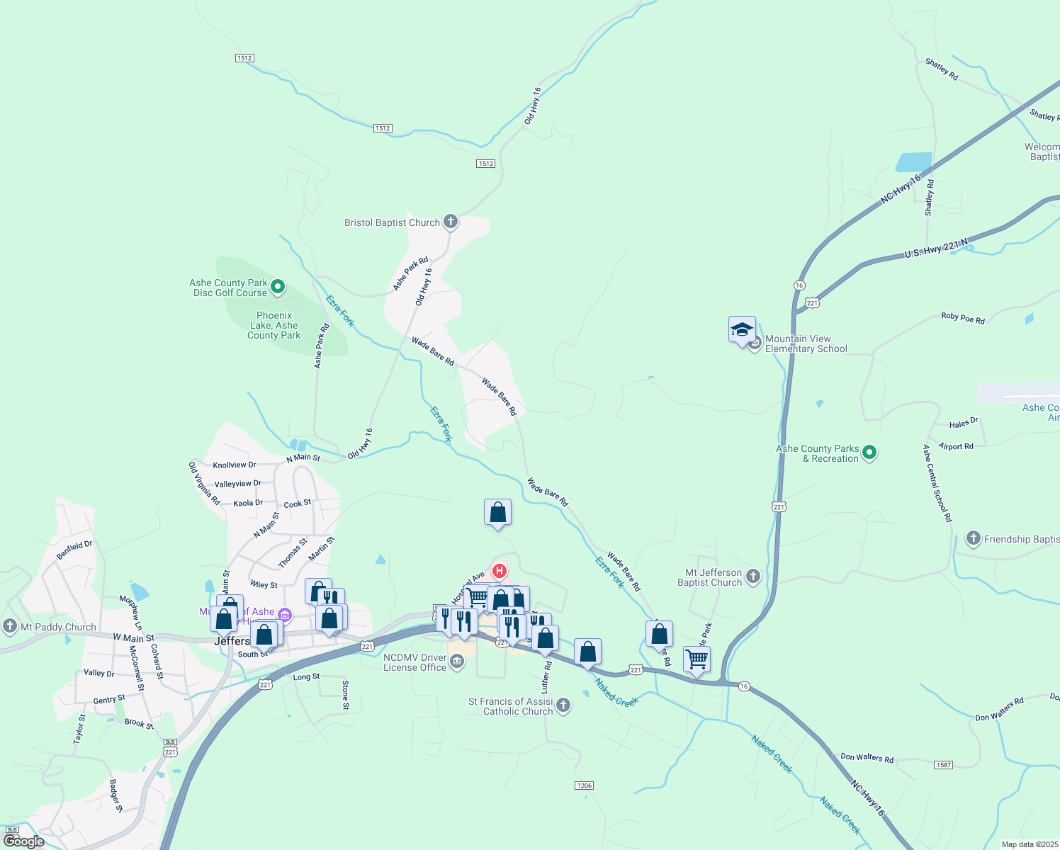 map of restaurants, bars, coffee shops, grocery stores, and more near 1122 Wade Bare Road in Jefferson