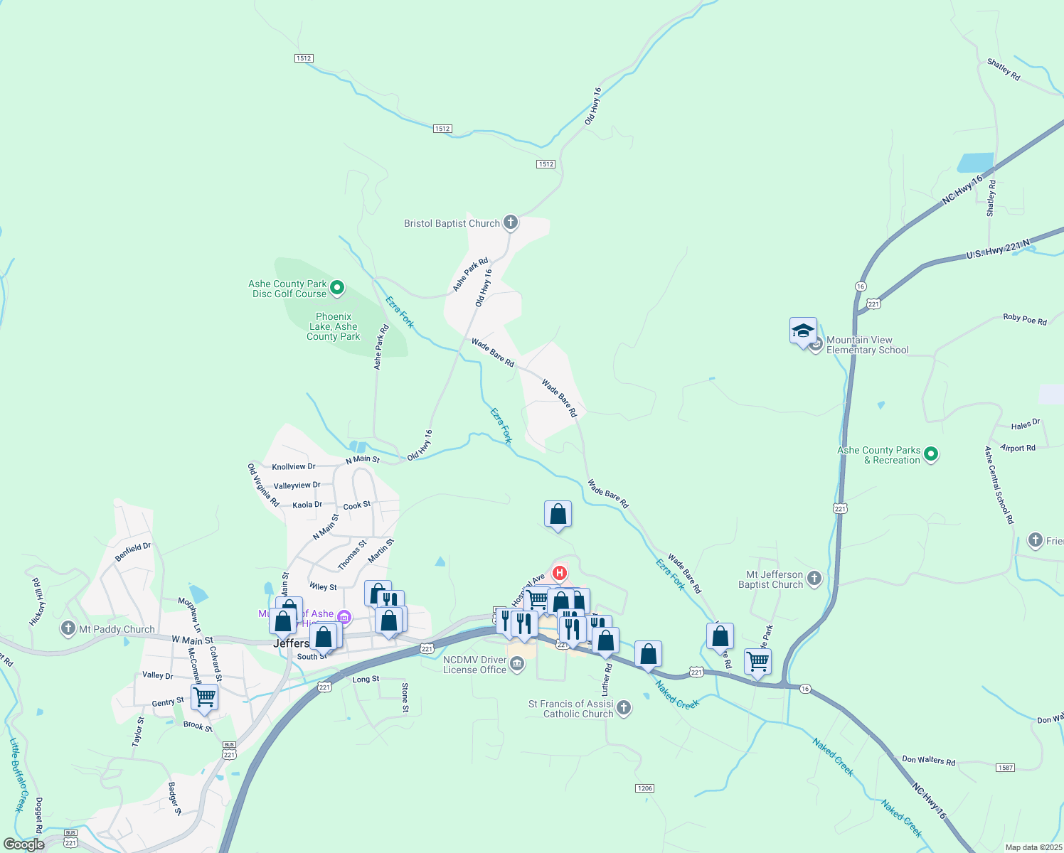 map of restaurants, bars, coffee shops, grocery stores, and more near 372 Oscar Day Road in Jefferson