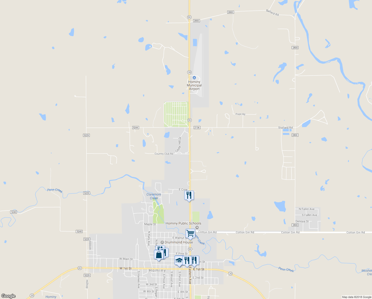 map of restaurants, bars, coffee shops, grocery stores, and more near 1301 Millsap Drive in Hominy
