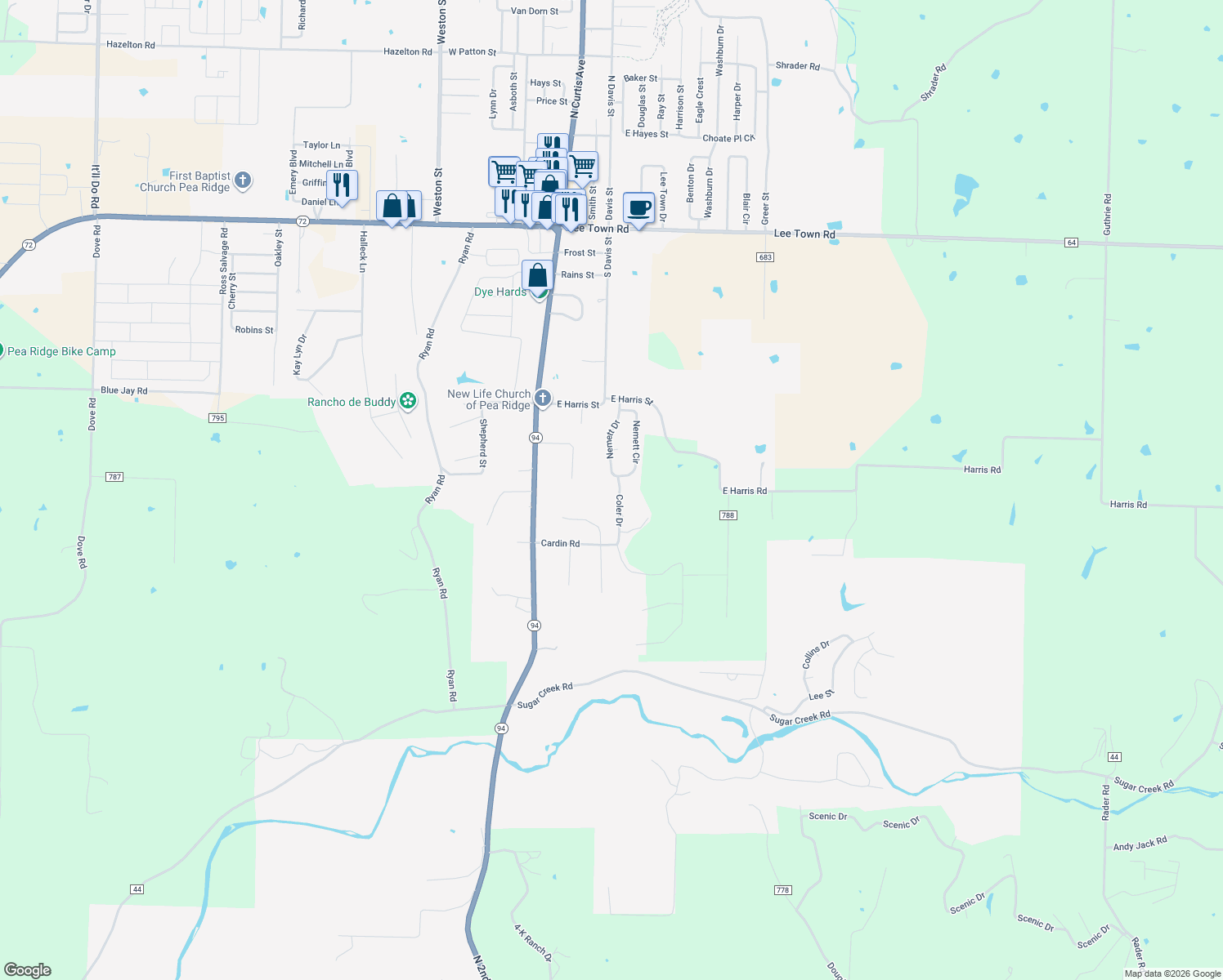 map of restaurants, bars, coffee shops, grocery stores, and more near 1302 Coler Drive in Pea Ridge