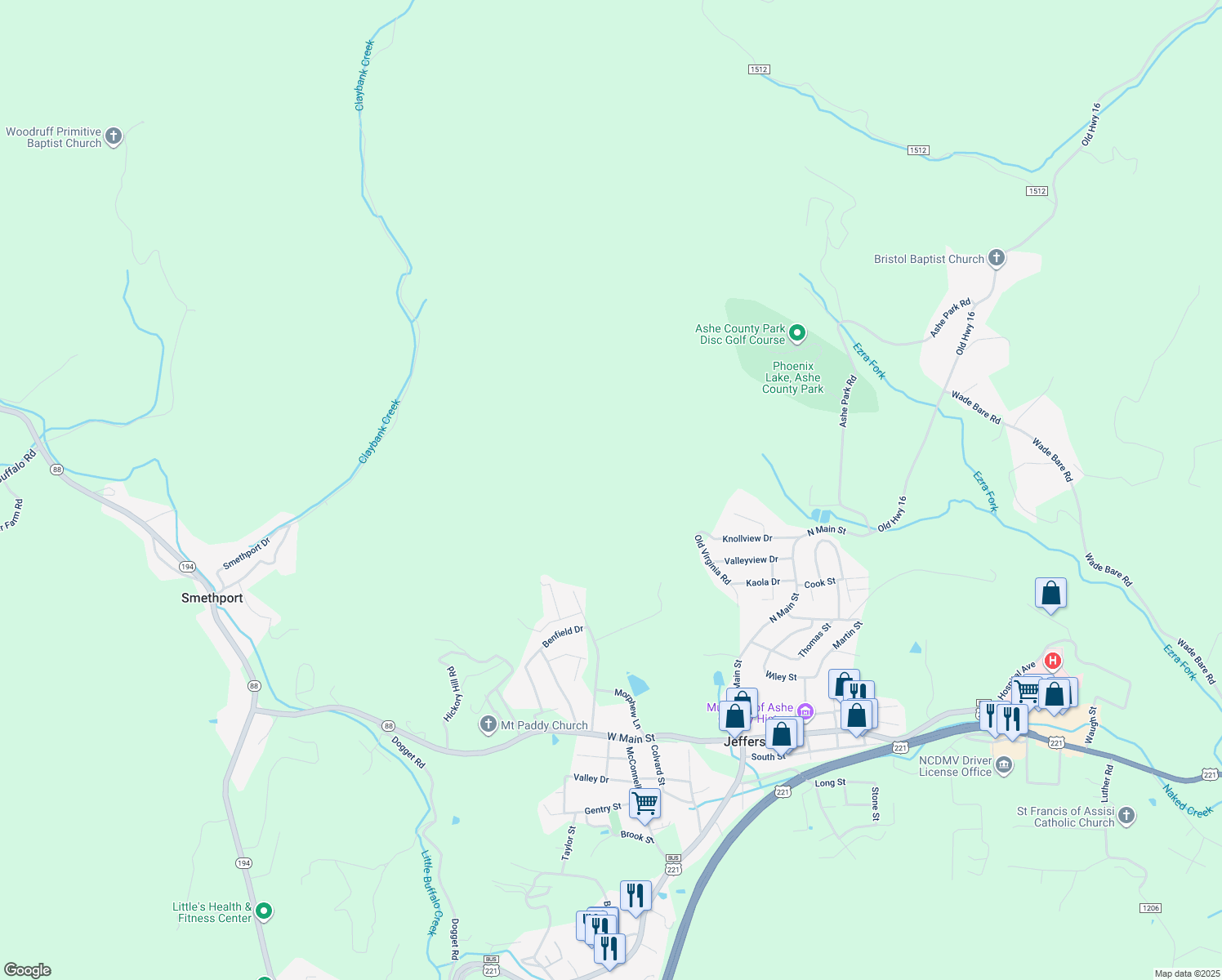 map of restaurants, bars, coffee shops, grocery stores, and more near 309 Old Virginia Road in Jefferson