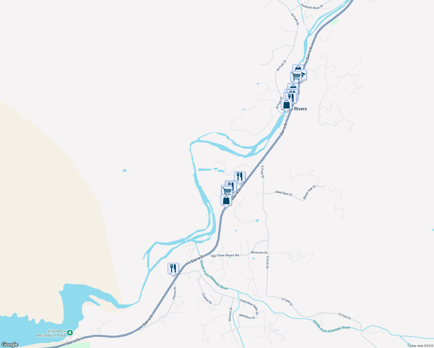 map of restaurants, bars, coffee shops, grocery stores, and more near 41117 Sierra Dr in Three Rivers