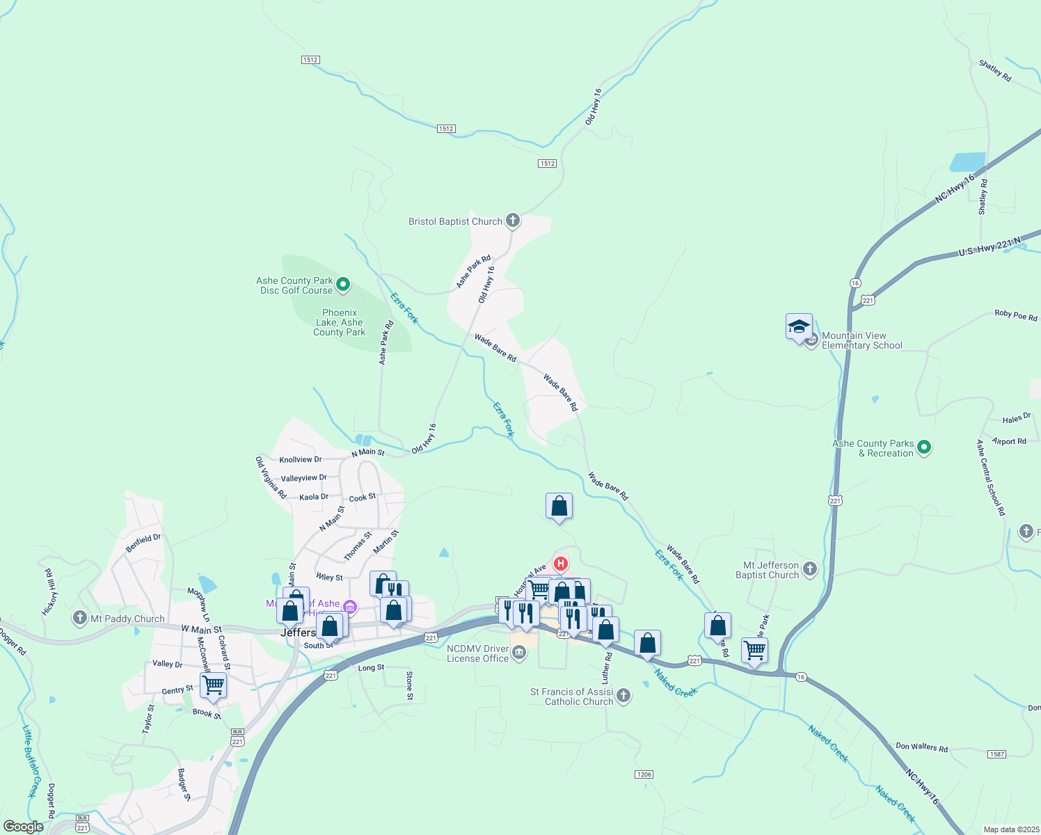 map of restaurants, bars, coffee shops, grocery stores, and more near 395 Oscar Day Road in Jefferson