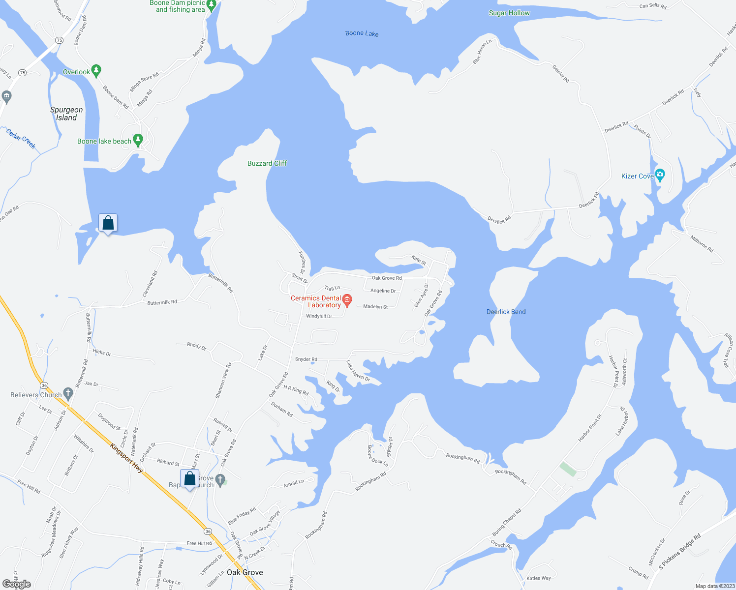 map of restaurants, bars, coffee shops, grocery stores, and more near 103 Angeline Drive in Johnson City