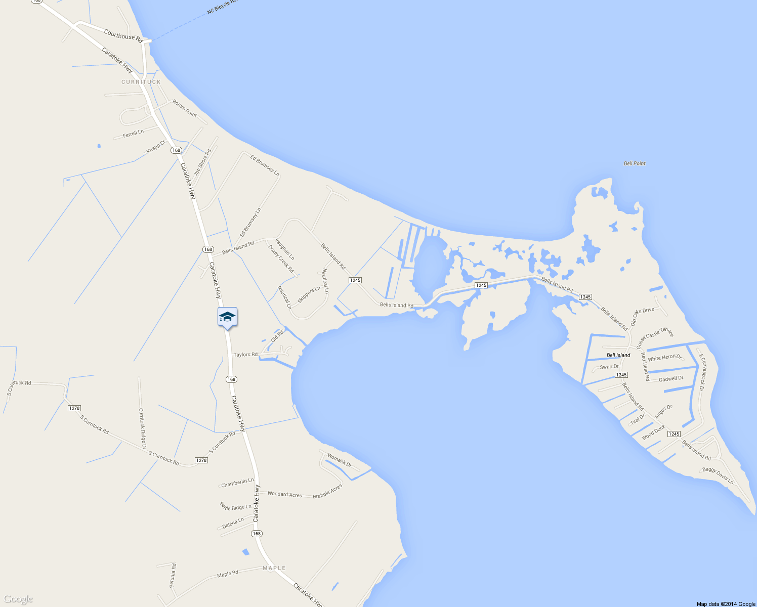 map of restaurants, bars, coffee shops, grocery stores, and more near 217 Bells Island Road in Currituck