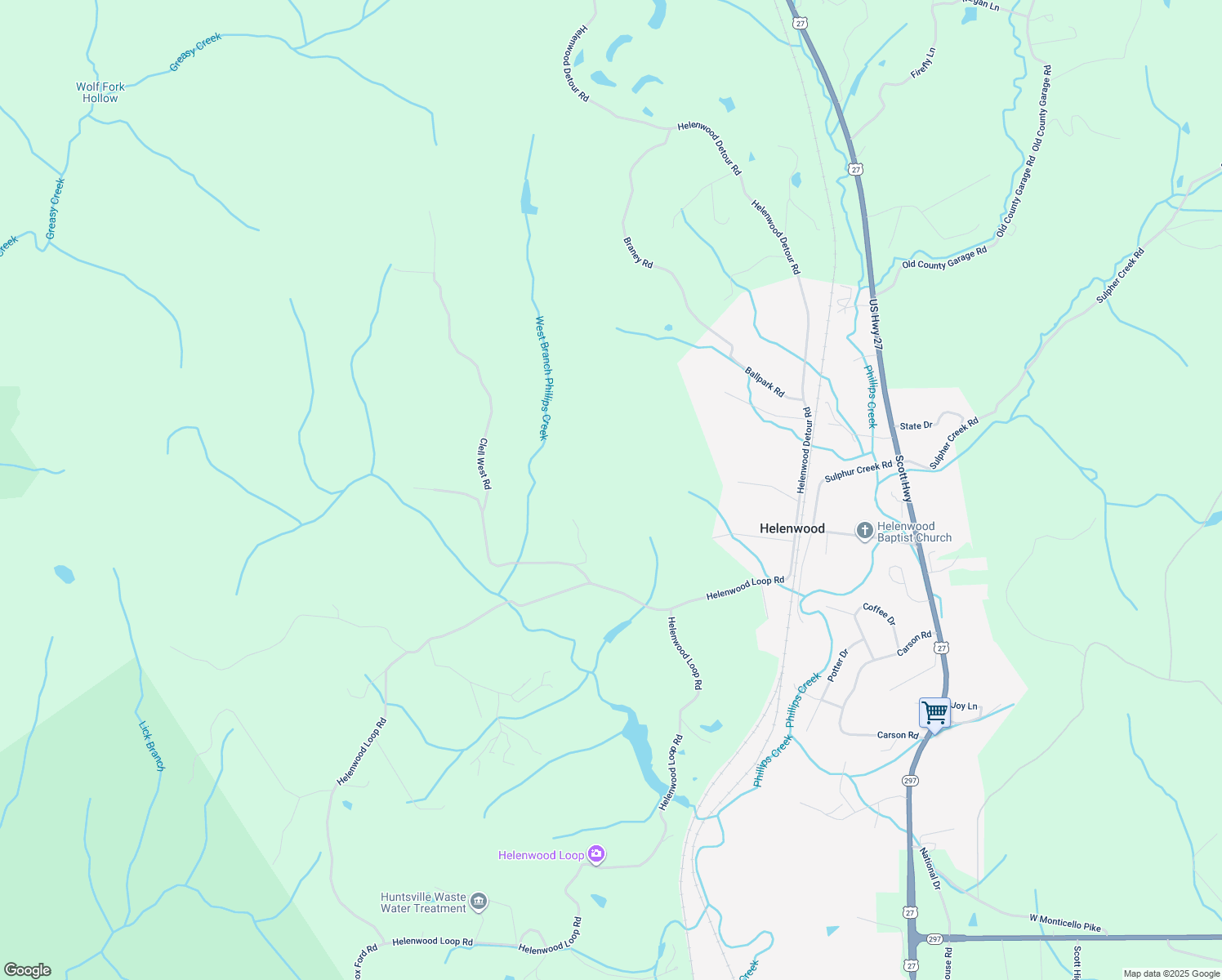 map of restaurants, bars, coffee shops, grocery stores, and more near in Helenwood