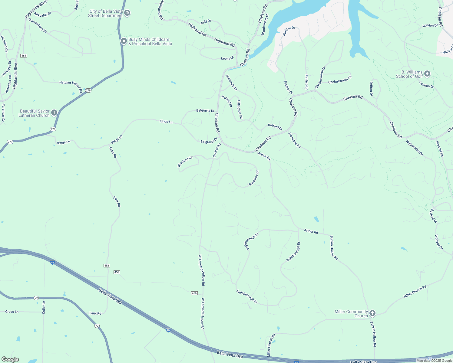 map of restaurants, bars, coffee shops, grocery stores, and more near 5 Camworth Lane in Bella Vista