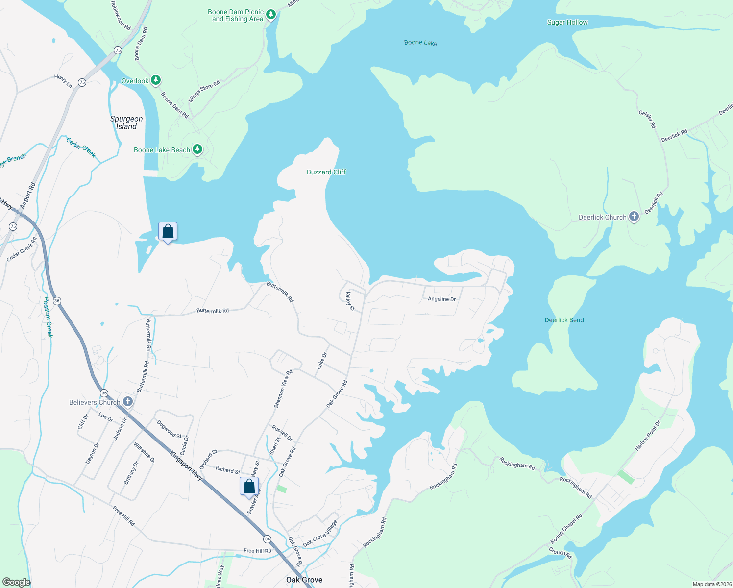 map of restaurants, bars, coffee shops, grocery stores, and more near 610 Oak Grove Road in Johnson City