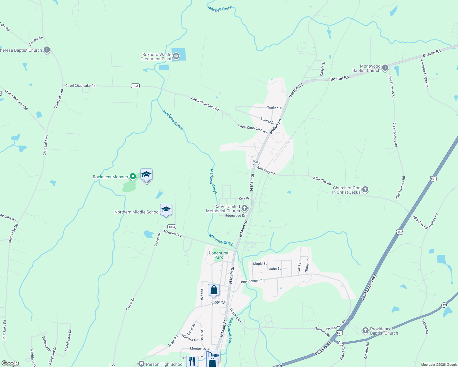 map of restaurants, bars, coffee shops, grocery stores, and more near 202 Hicks Circle in Roxboro