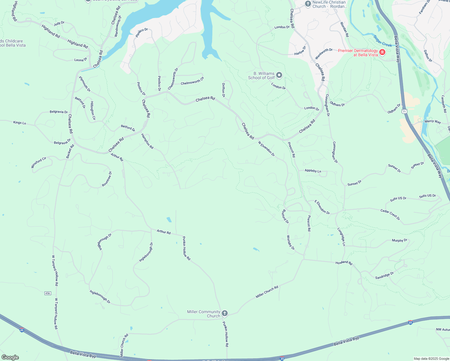 map of restaurants, bars, coffee shops, grocery stores, and more near 14 Tudor Lane in Bella Vista