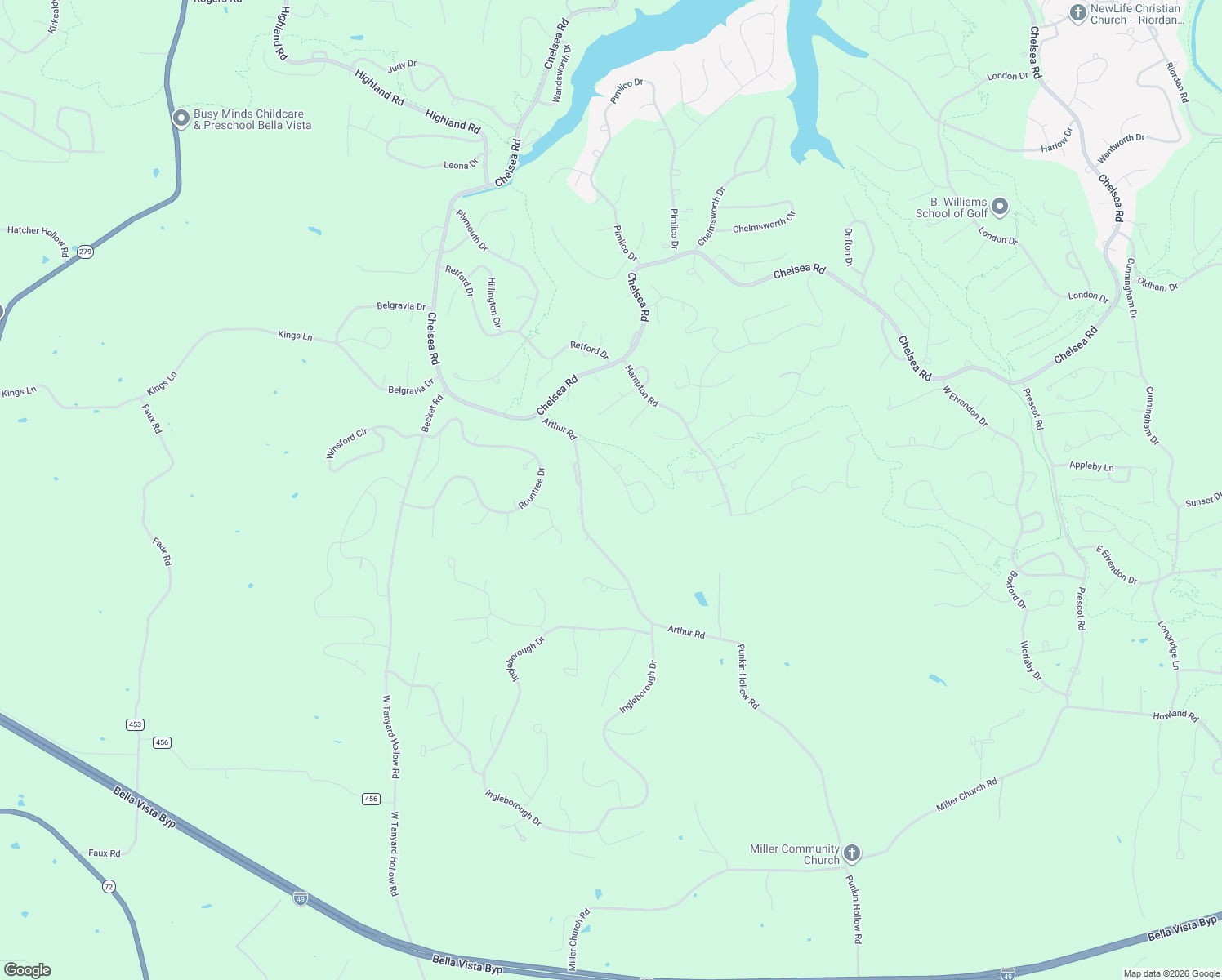 map of restaurants, bars, coffee shops, grocery stores, and more near Leola Lane in Bella Vista