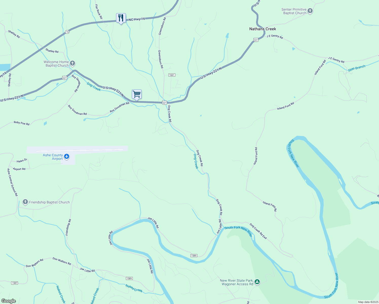 map of restaurants, bars, coffee shops, grocery stores, and more near 530 Dog Creek Road in Crumpler
