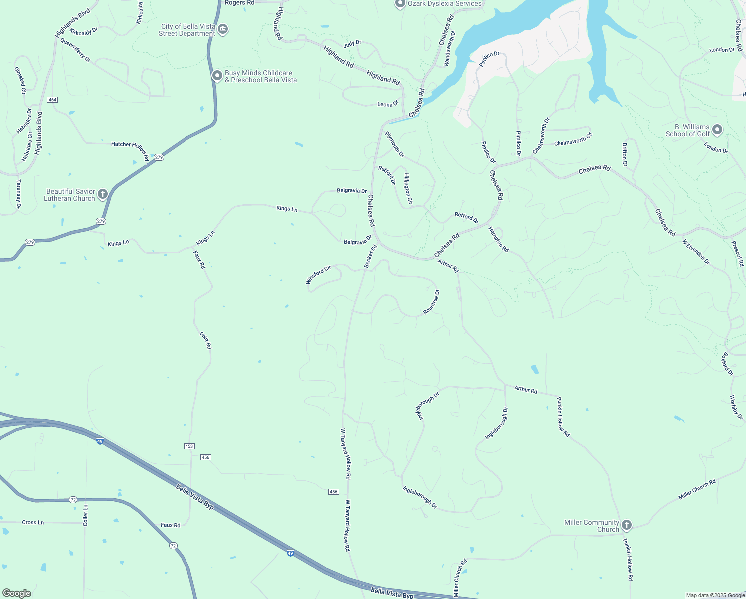 map of restaurants, bars, coffee shops, grocery stores, and more near 5 Camworth Lane in Bella Vista