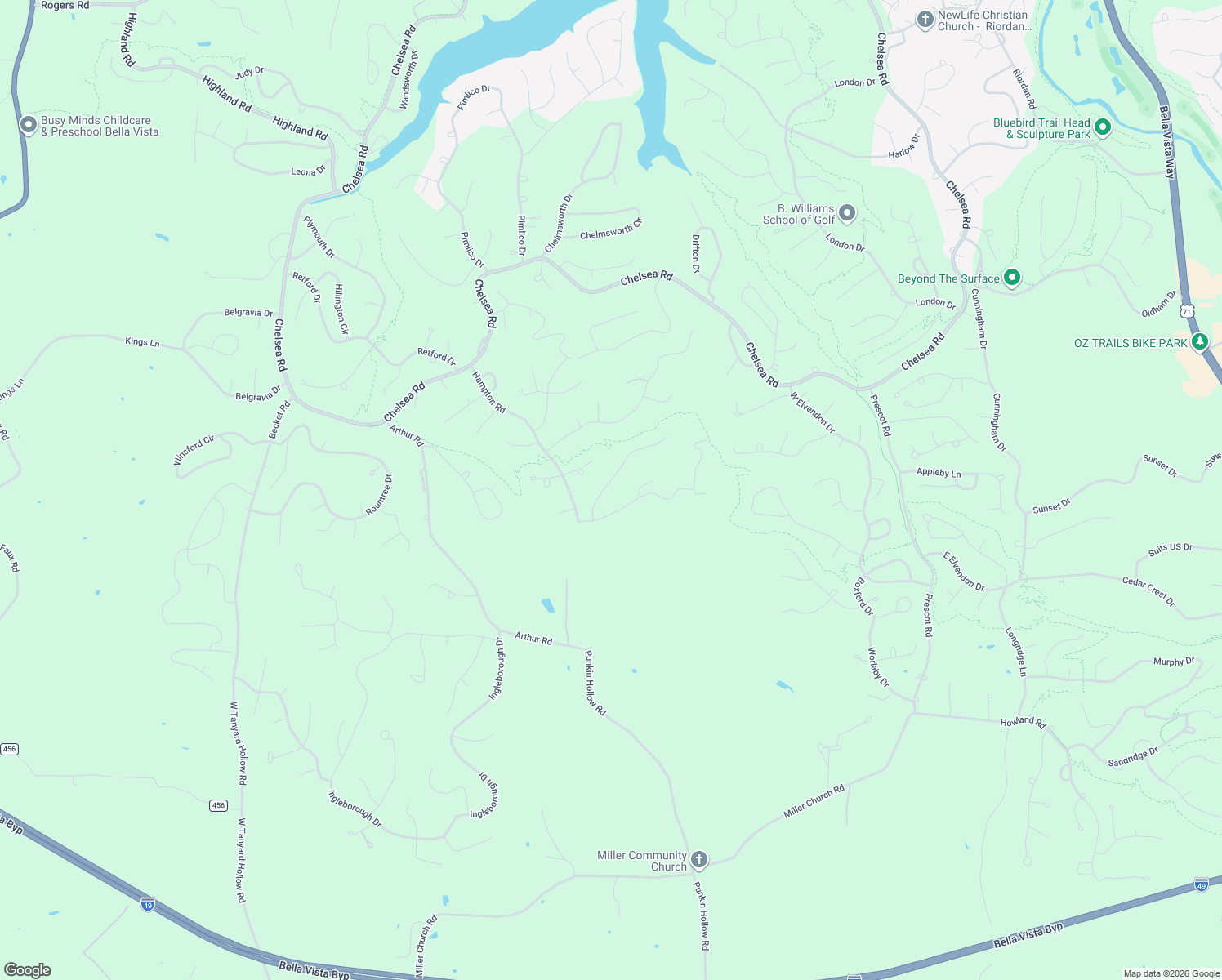 map of restaurants, bars, coffee shops, grocery stores, and more near 12 Annabell Lane in Bella Vista