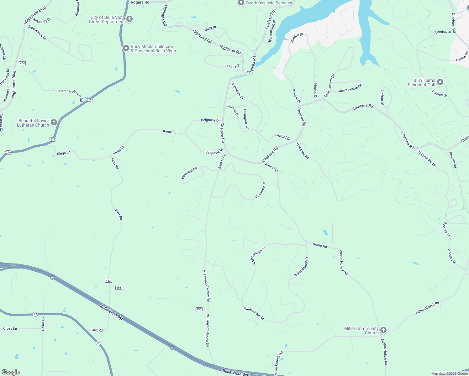 map of restaurants, bars, coffee shops, grocery stores, and more near 5 Camworth Lane in Bella Vista