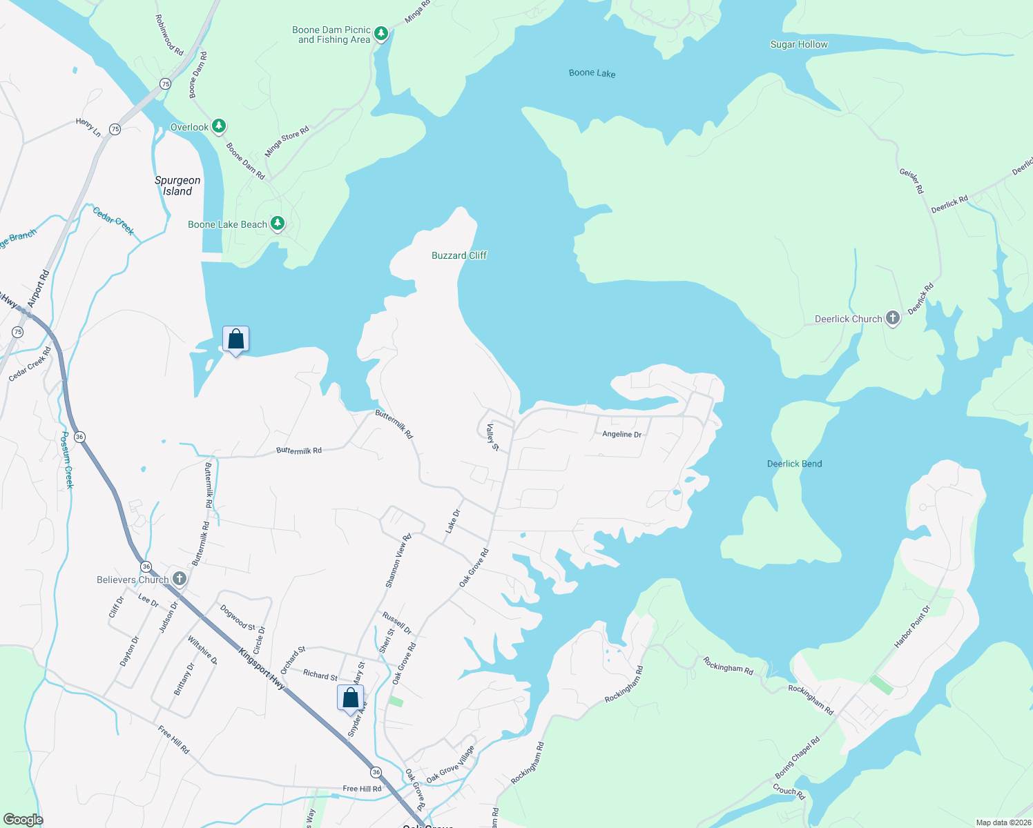 map of restaurants, bars, coffee shops, grocery stores, and more near 610 Oak Grove Road in Johnson City
