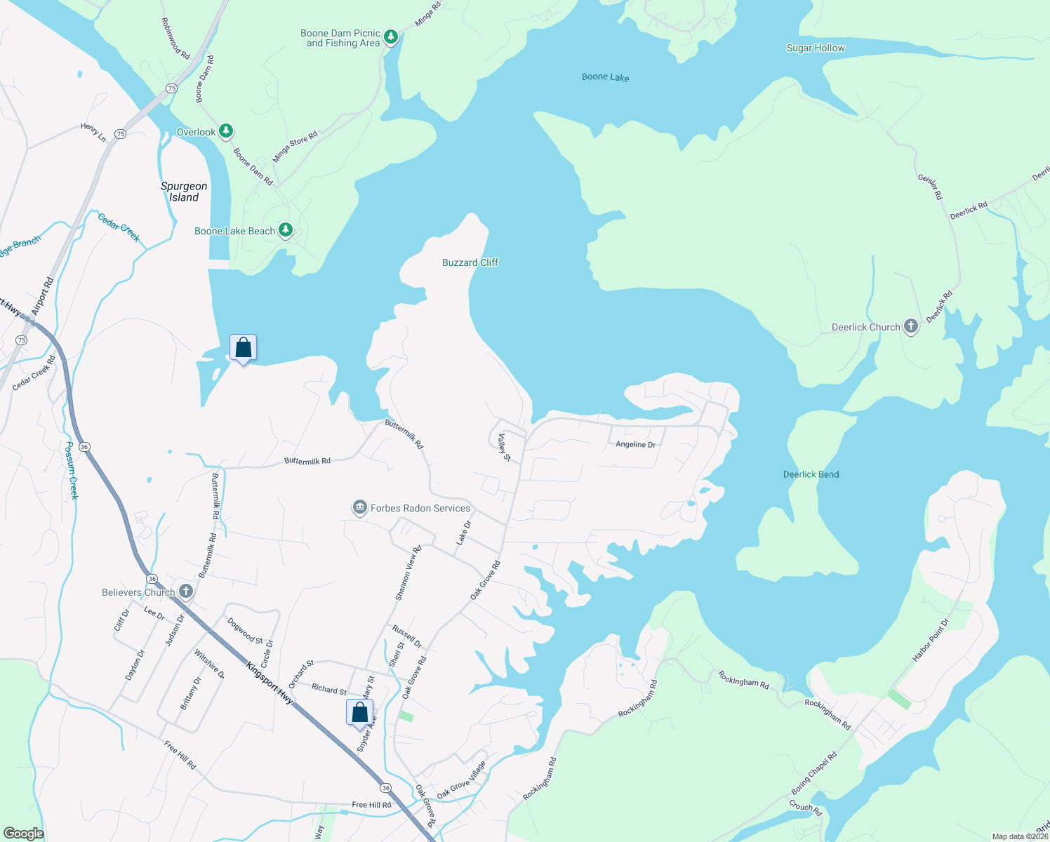 map of restaurants, bars, coffee shops, grocery stores, and more near 610 Oak Grove Road in Johnson City