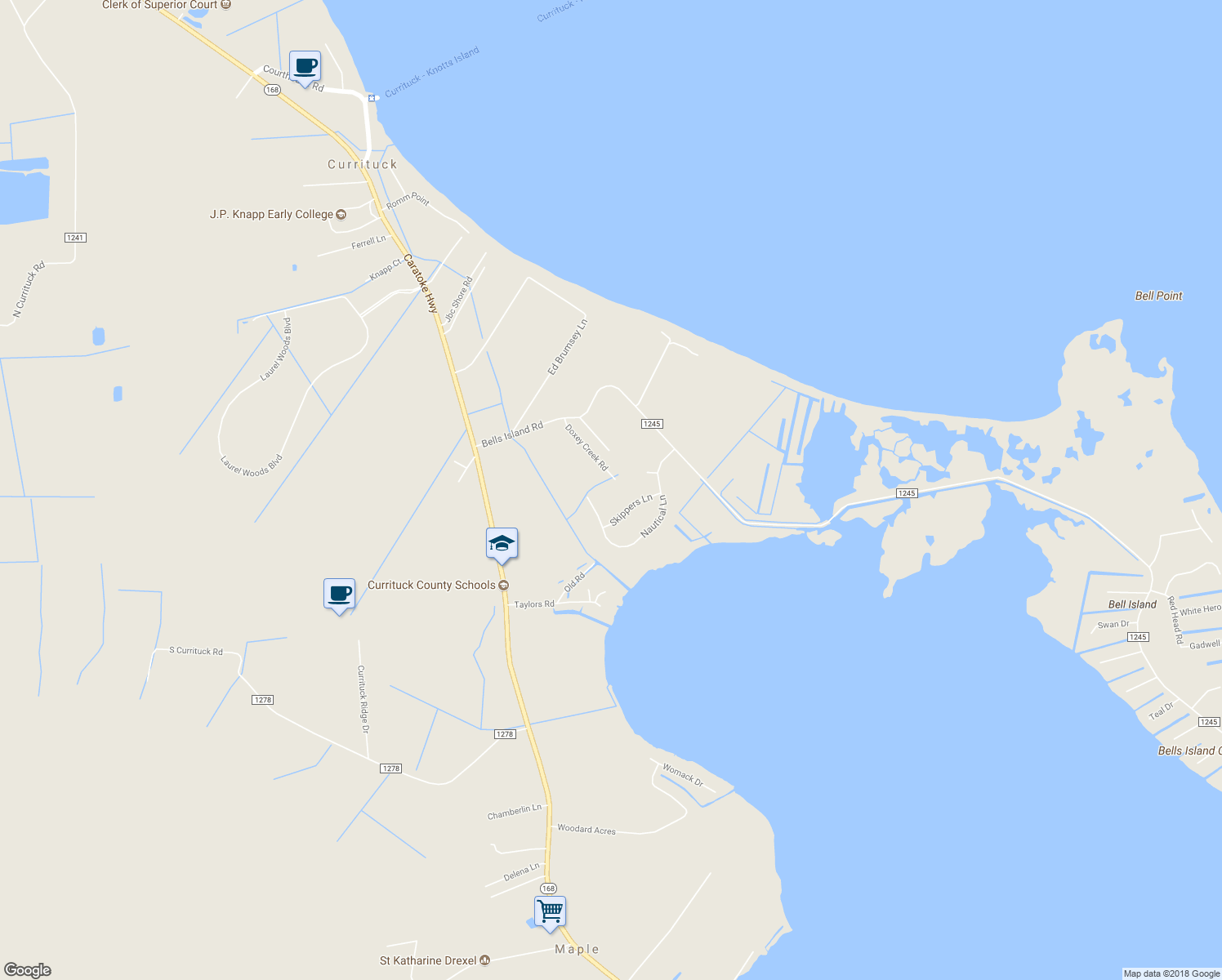 map of restaurants, bars, coffee shops, grocery stores, and more near 116 Doxey Creek Road in Currituck