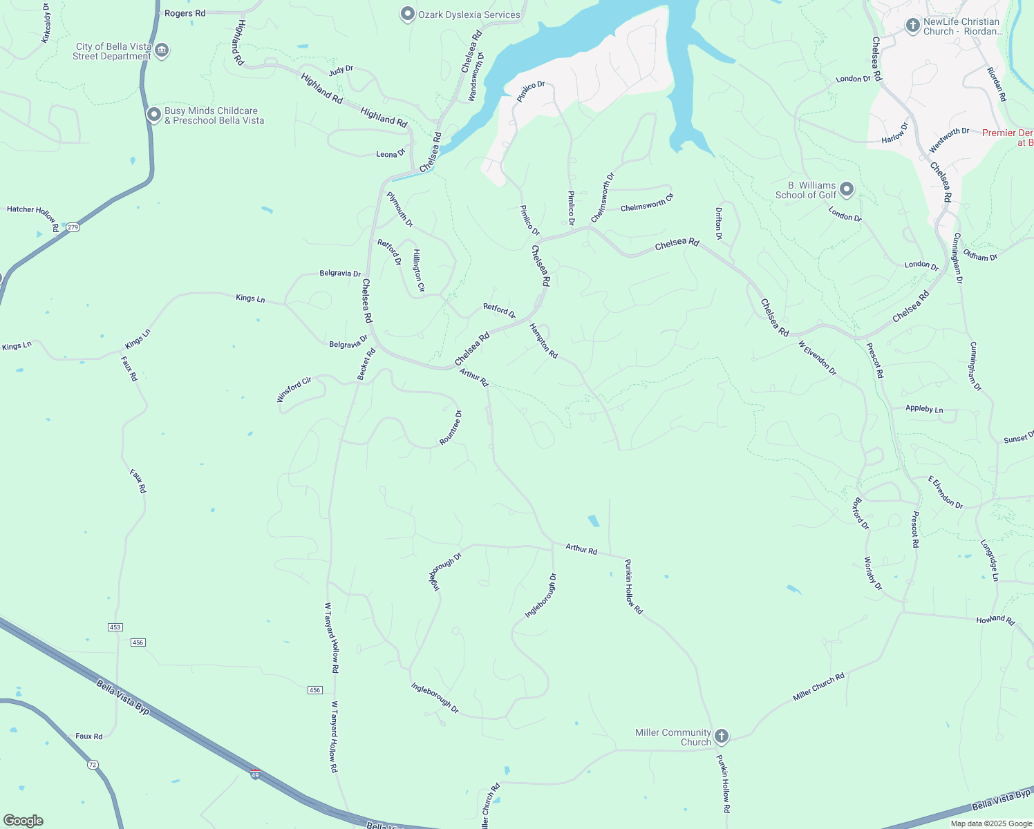 map of restaurants, bars, coffee shops, grocery stores, and more near Leola Lane in Bella Vista