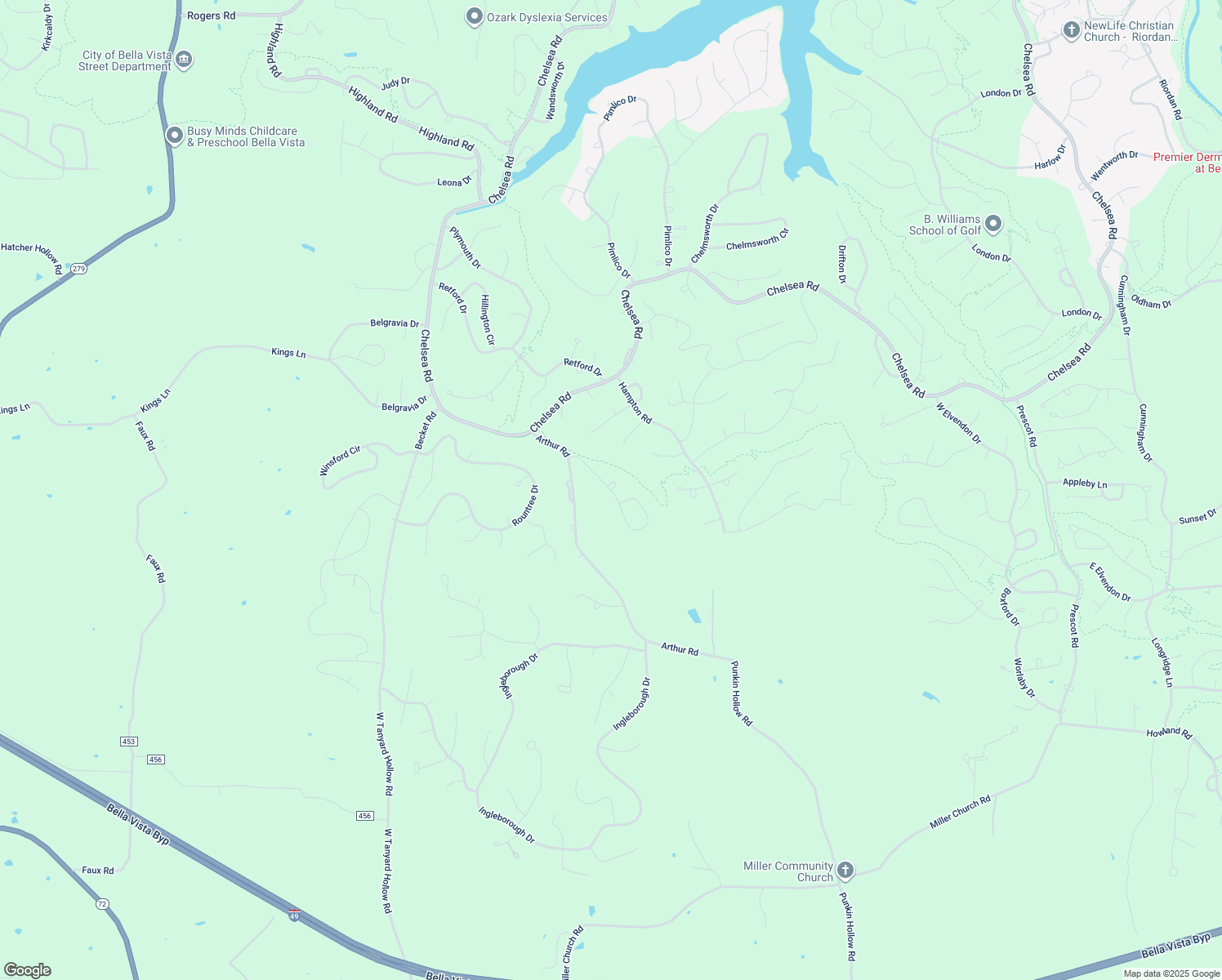 map of restaurants, bars, coffee shops, grocery stores, and more near Leola Lane in Bella Vista