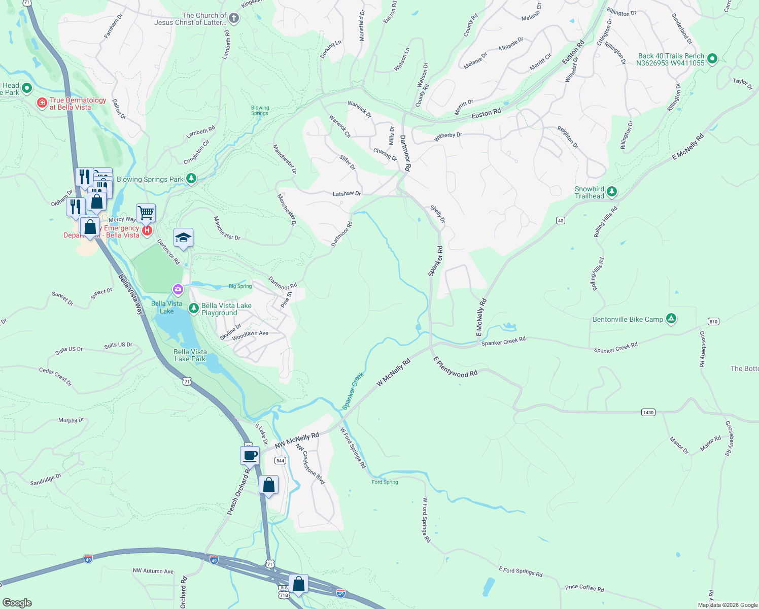 map of restaurants, bars, coffee shops, grocery stores, and more near 13844 Spring Road in Bentonville