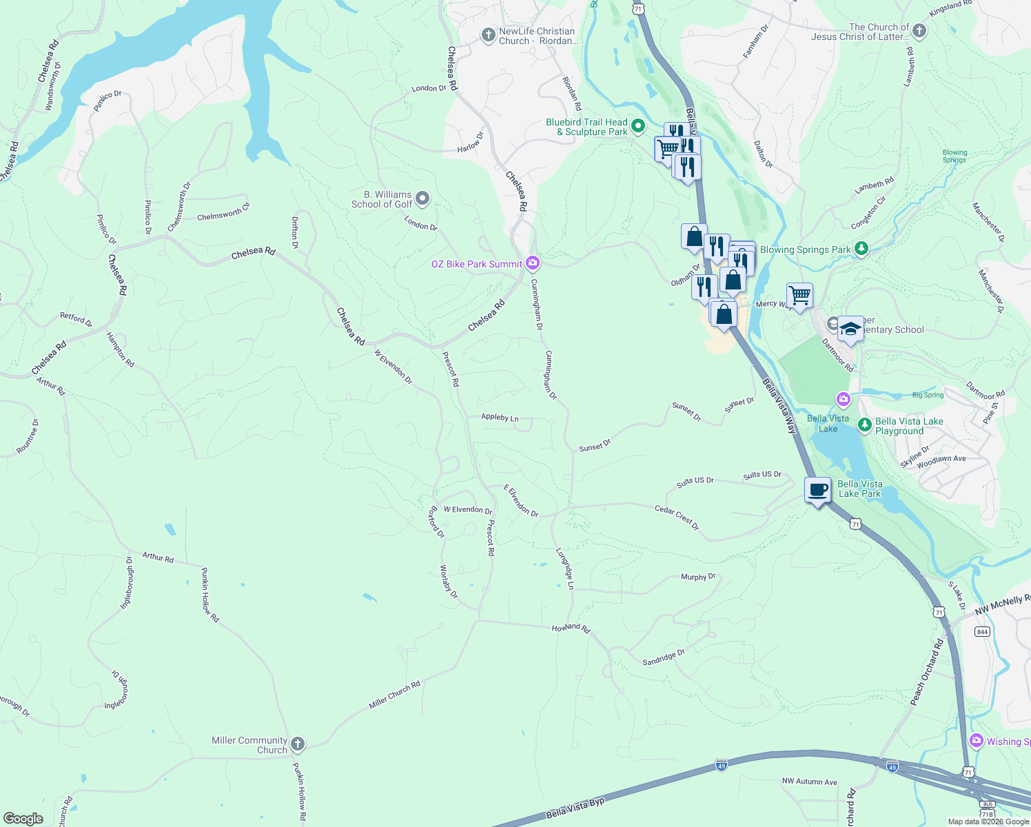 map of restaurants, bars, coffee shops, grocery stores, and more near 1 Appleby Lane in Bella Vista