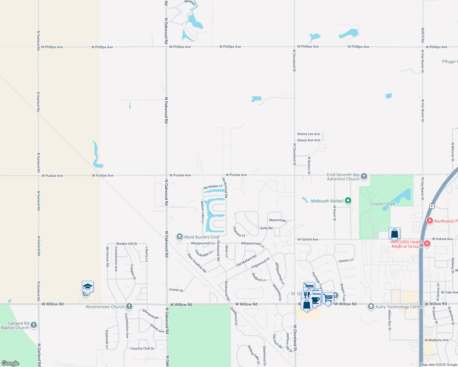 map of restaurants, bars, coffee shops, grocery stores, and more near 3929 Rockwood Road in Enid