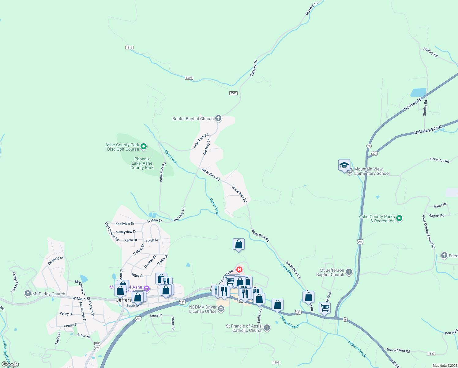 map of restaurants, bars, coffee shops, grocery stores, and more near 1367 Wade Bare Road in Jefferson