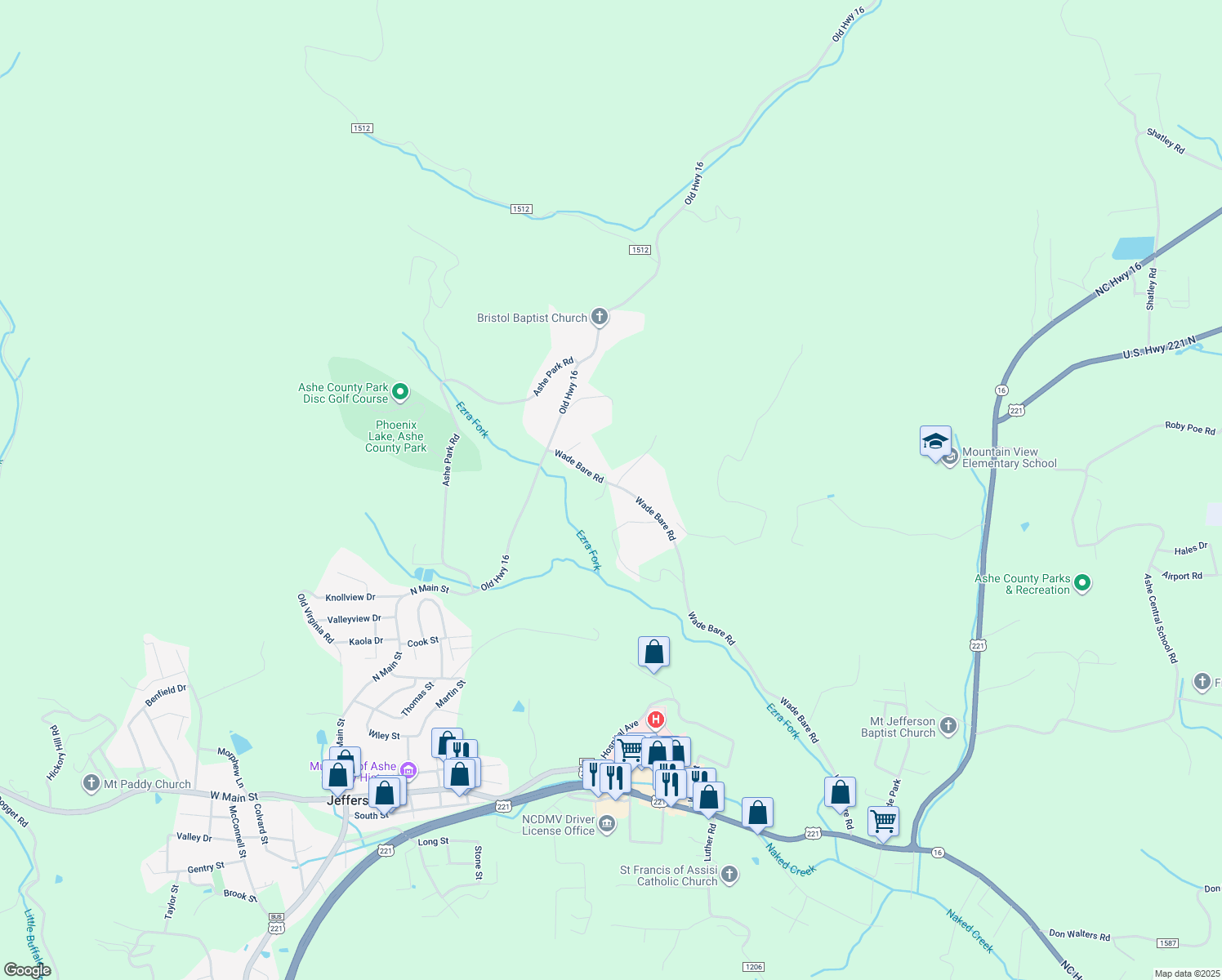 map of restaurants, bars, coffee shops, grocery stores, and more near 1431 Wade Bare Road in Jefferson