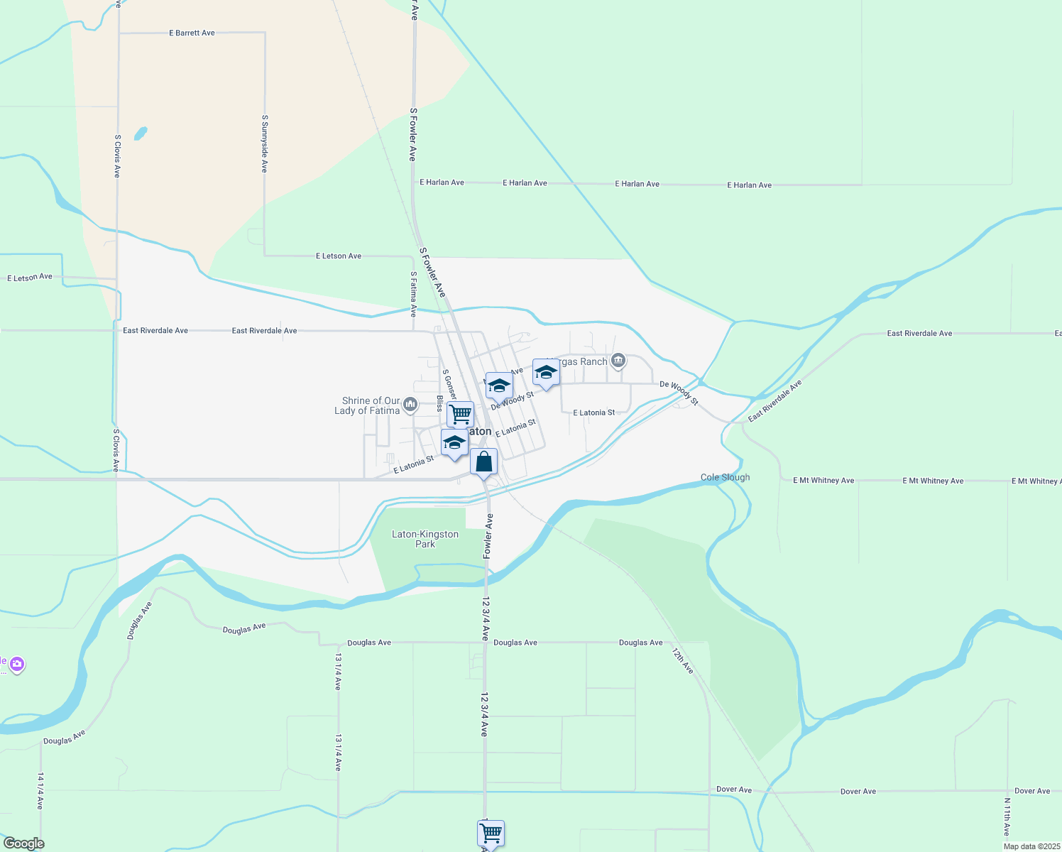 map of restaurants, bars, coffee shops, grocery stores, and more near 6381 East Latonia Street in Laton
