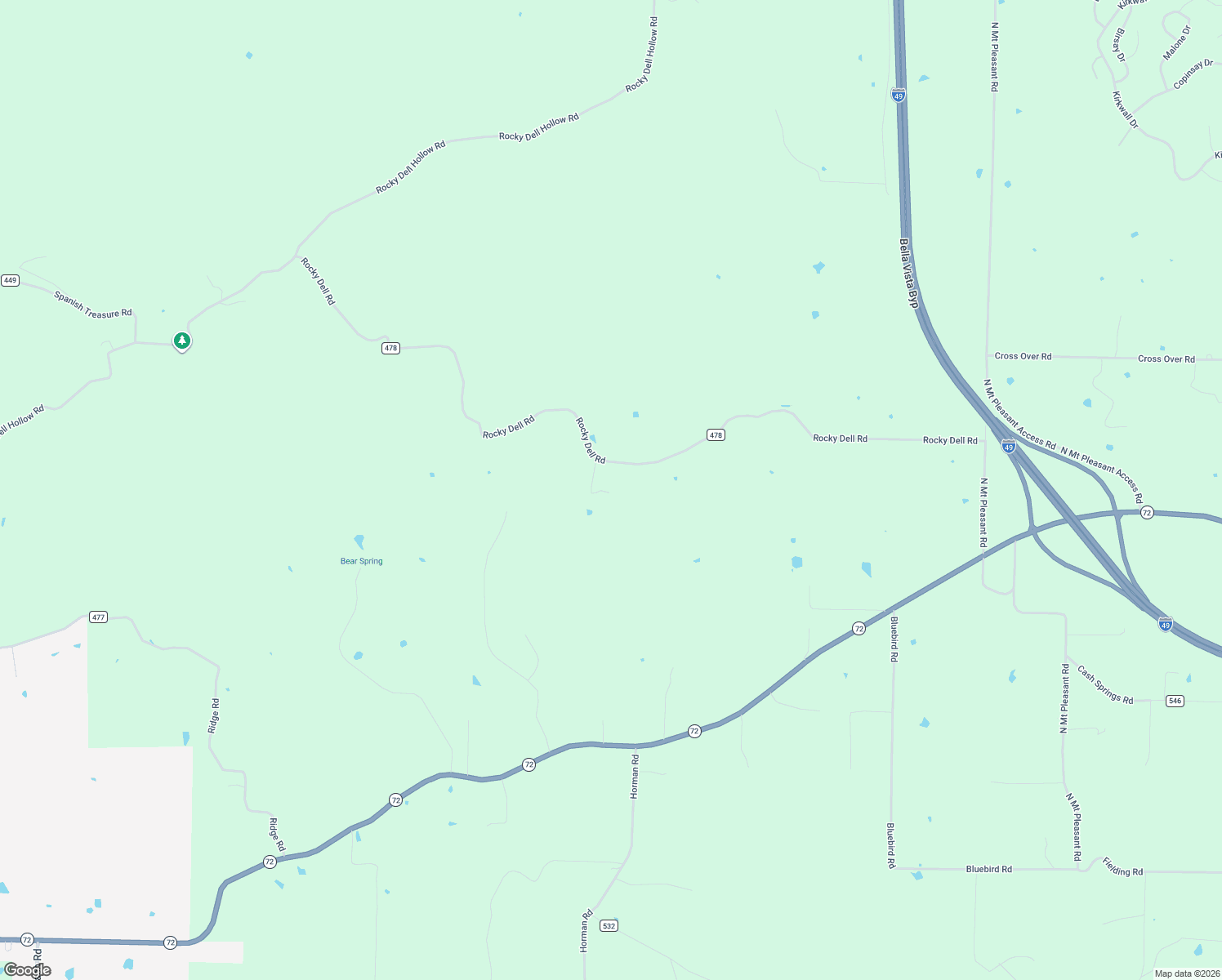 map of restaurants, bars, coffee shops, grocery stores, and more near 16453 Rocky Dell Road in Gravette
