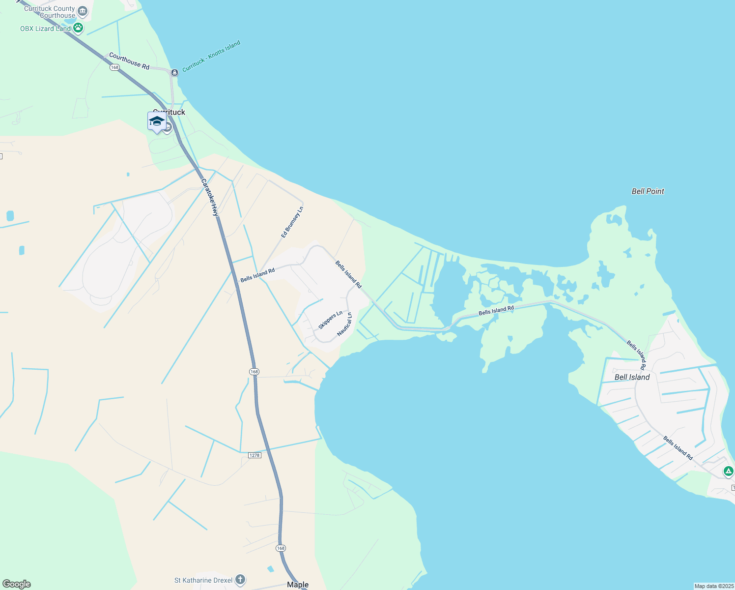 map of restaurants, bars, coffee shops, grocery stores, and more near 145 Bells Island Road in Currituck