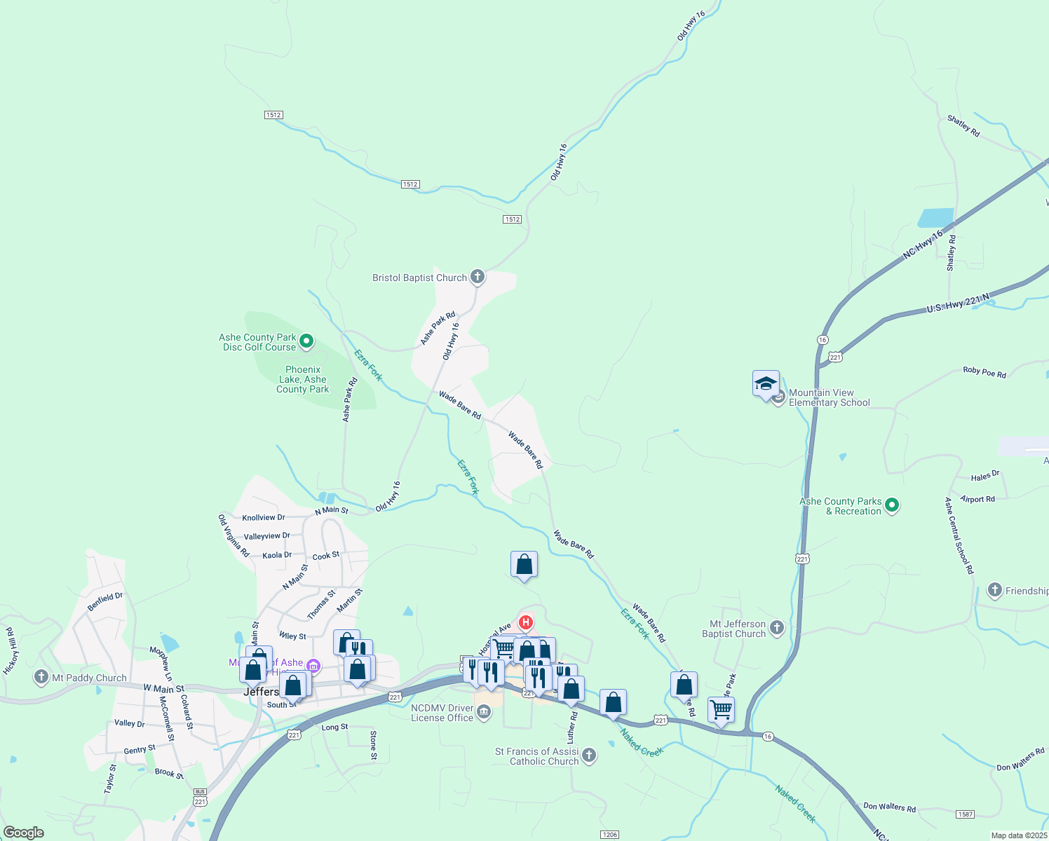 map of restaurants, bars, coffee shops, grocery stores, and more near 1344 Wade Bare Road in Jefferson