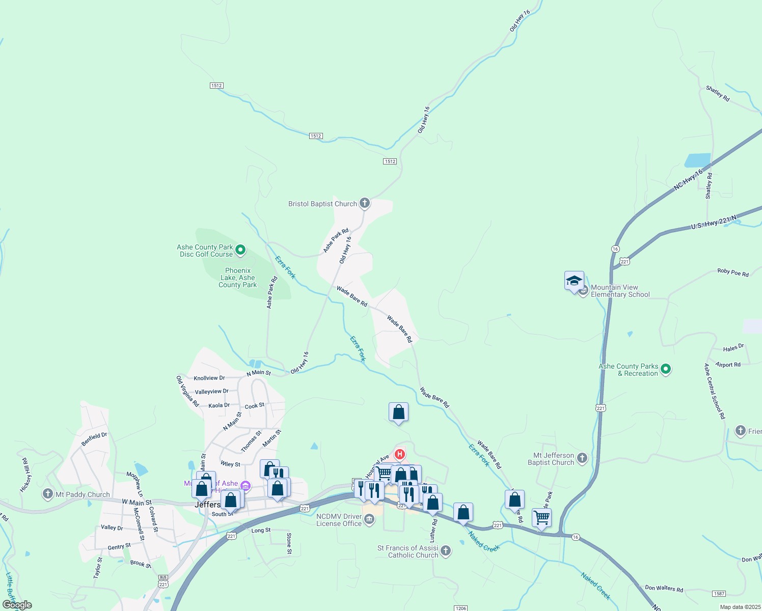 map of restaurants, bars, coffee shops, grocery stores, and more near 1386 Wade Bare Road in Jefferson