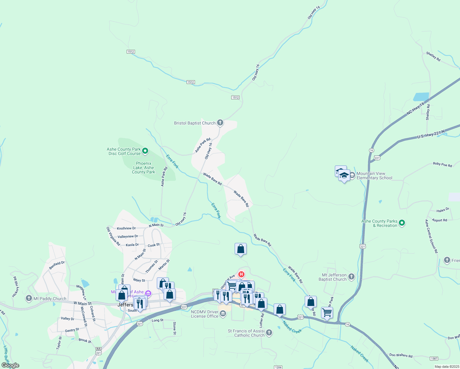 map of restaurants, bars, coffee shops, grocery stores, and more near 1386 Wade Bare Road in Jefferson
