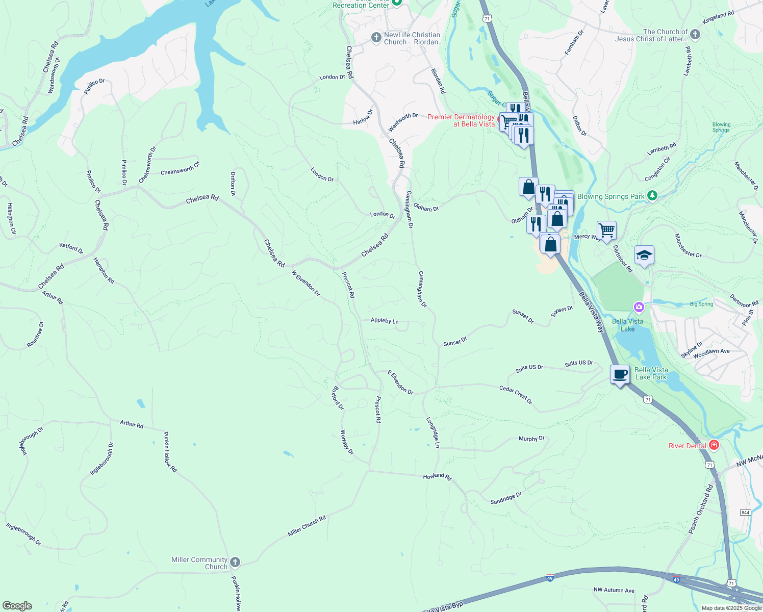 map of restaurants, bars, coffee shops, grocery stores, and more near 7 Ainsdale Drive in Bella Vista